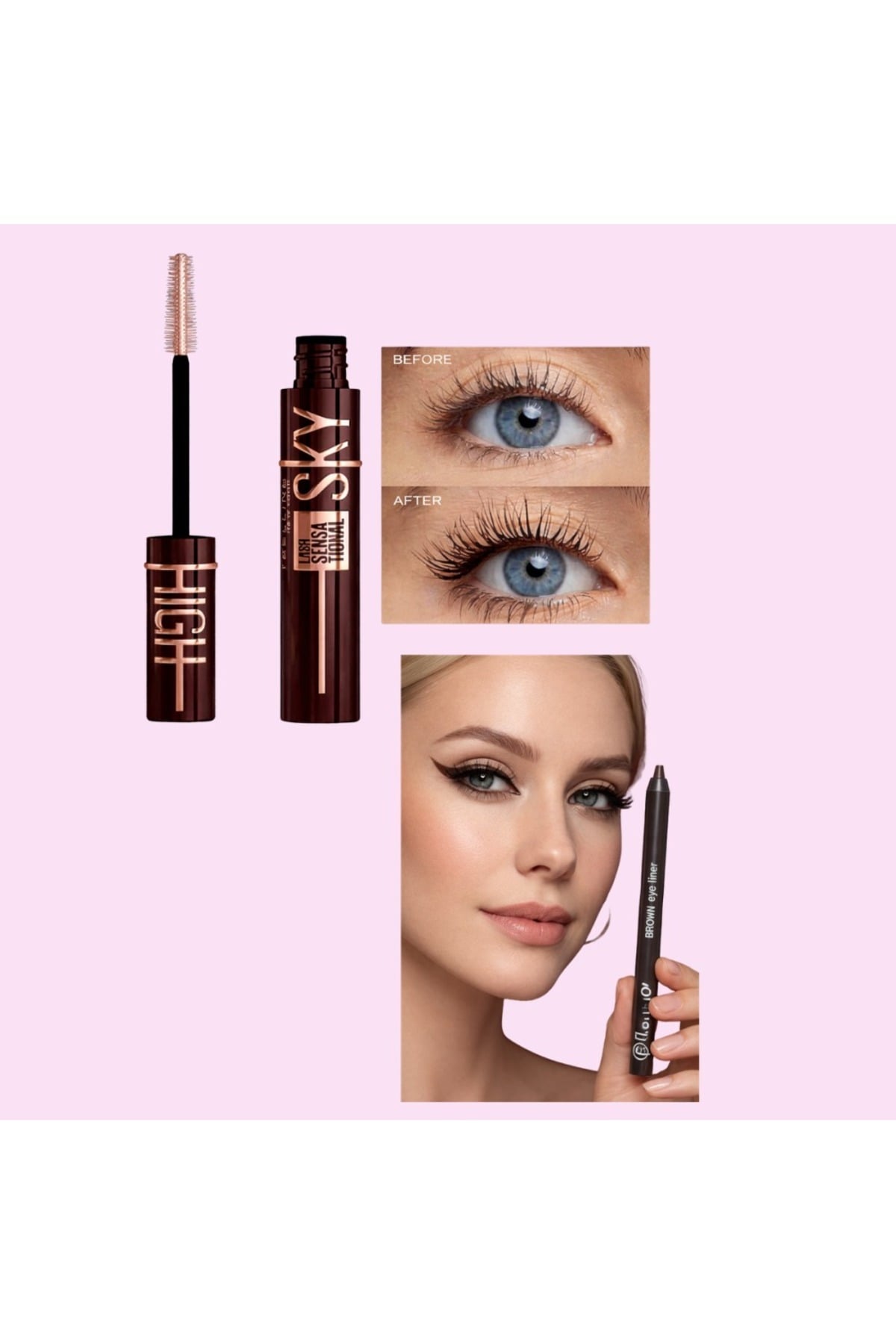 Seckinnn Kahverengi Profesyonel Göz Makyaj Seti Yoğun Hacimli Maskara + Waterproof Eyeliner