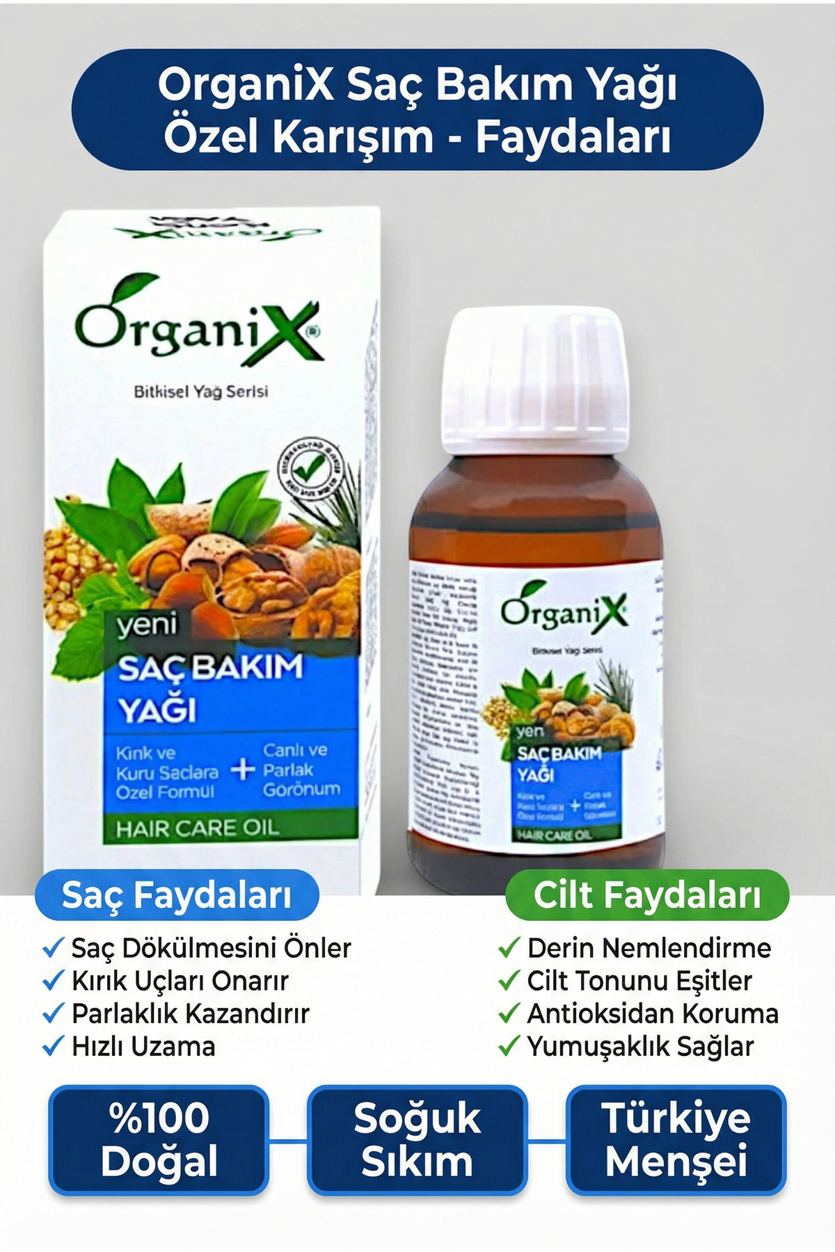 Organix Saç Bakım Yağı- Kırık Onarıcı, Parlatıcı, Elektriklenme Önleyici, Bitkisel Saç Serumu 50 ml