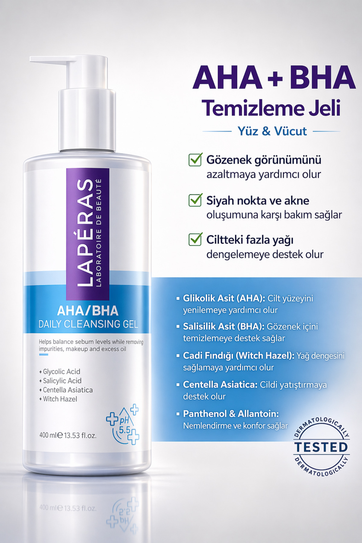 LAPÉRAS Yüz & Vücut Temizleme Jeli | AHA/BHA İçeren Arındırıcı Bakım | Yağ Dengeleyici | Akneye Eğilimli Ciltler İçin | Cadı Fındığı