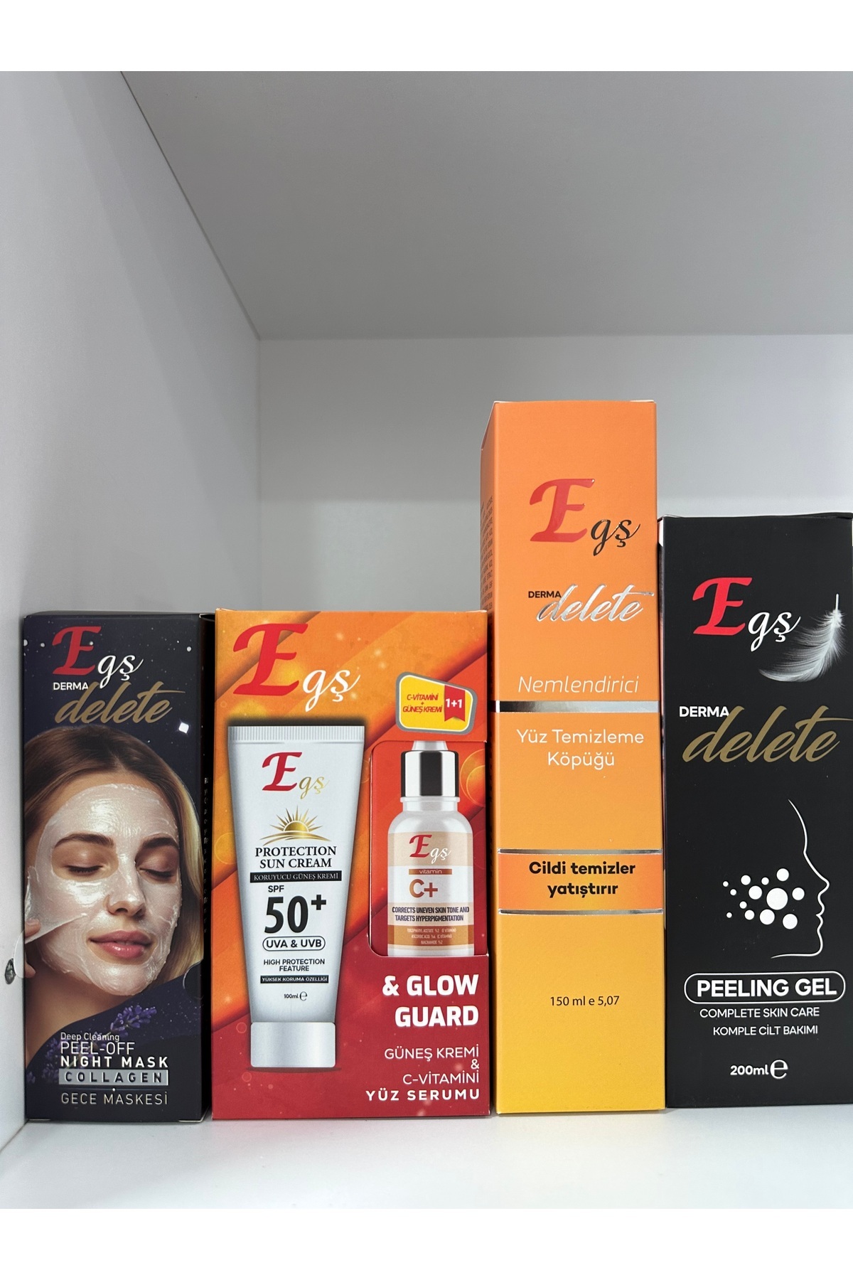 Egş DERMA delete YÜZ TEMİZLEME KÖPÜĞÜ+ SOYUCU KREM+ COLLAGEN GECE MASKESi+ F120 FÜNEŞ KREMİ+ C VİT SERUM