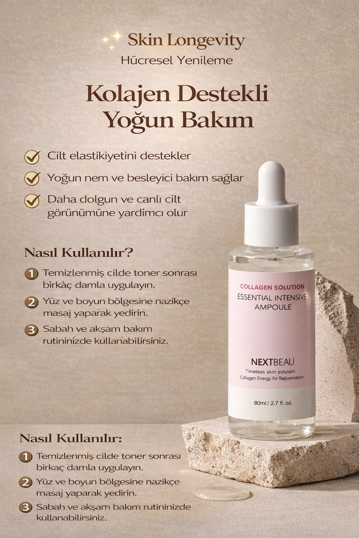 NEXTBEAU Collagen Solution Essential Intensive Ampoule Yoğun Kolajenli Sıkılaştırıcı ve Yenileyici Ampul 80ml