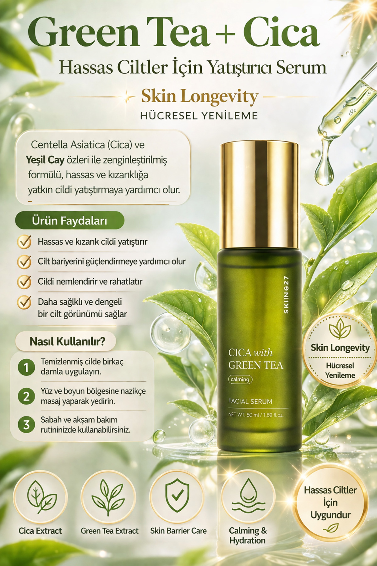 SKIN627 Cica with Green Tea–Yatıştırıcı ve Kızarıklık Karşıtı Canlandırıcı Yüz Serumu (50ml)