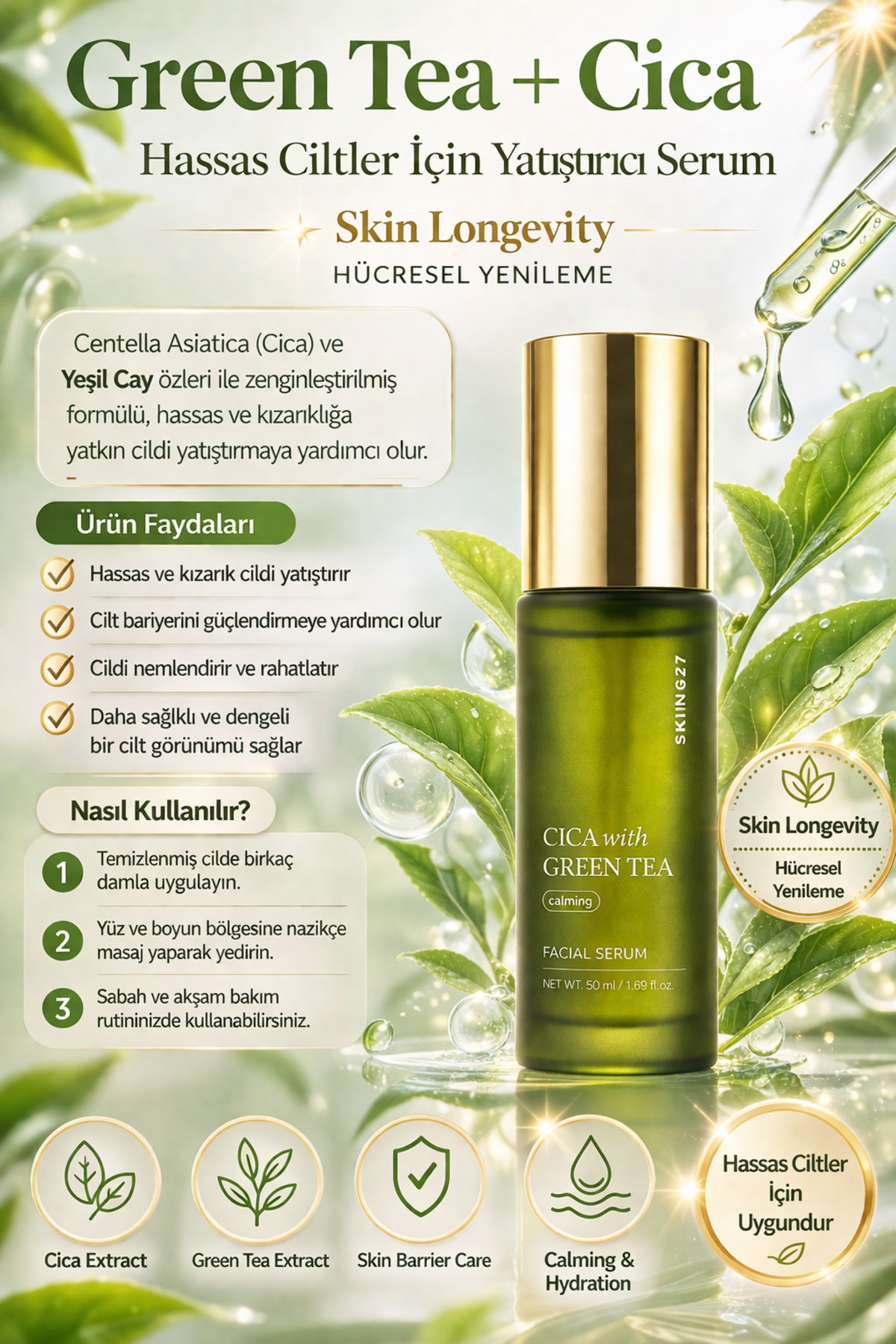 SKIN627 Cica with Green Tea–Yatıştırıcı ve Kızarıklık Karşıtı Canlandırıcı Yüz Serumu (50ml)