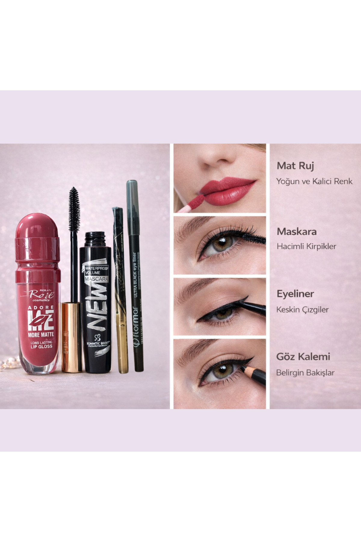 Seckinnn Makyaj Seti – Mat Ruj, Hacim Veren Maskara, Siyah Eyeliner ve Göz Kalemi Seti