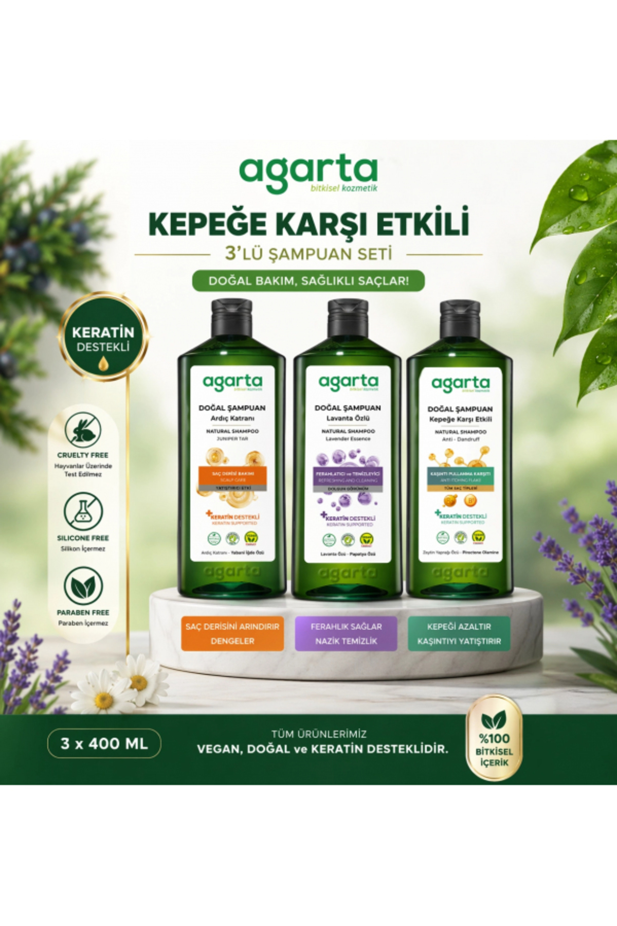 Agarta Kepeğe Karşı Şampuan Seti 3’lü 400 ml Ardıç Katranı Vegan Doğal