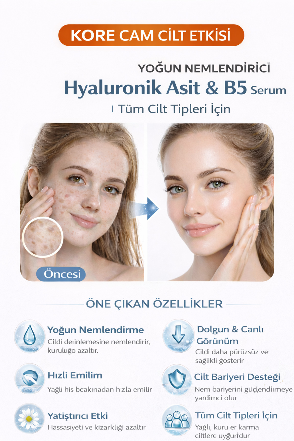 BEGISUN Kore Cilt Etkili Hyaluronik Asit & B5 Serum | & Yoğun Nem | Tüm Cilt Tipleri