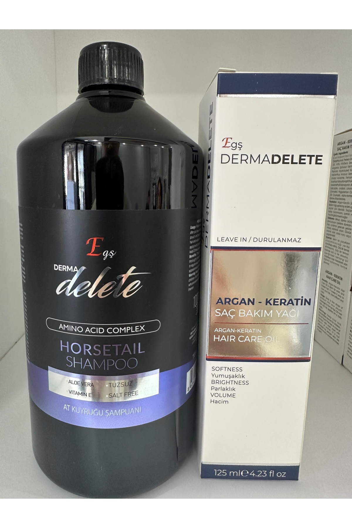 Egş DERMA delete ATKUYRUK ÖZLÜ ŞAMPUAN + ARGAN & KERATİN KOMPLEX SAÇ BAKIM YAĞI İKİLİ SET