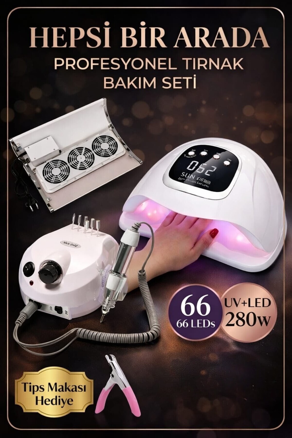 PİRAYE AKSESUAR Protez Tırnak Seti-Freze Törpü Manikür Pedikür-UV Kurutucu SUN X15-Toz Toplama Cihazı 3 Fanlı