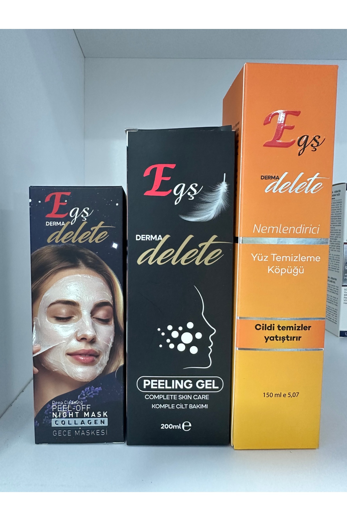 Egş DERMA delete PEELİNG JEL + COLLGEN GECE MASKESİ + YÜZ TEMİZLEME KÖPÜĞÜ üçlü