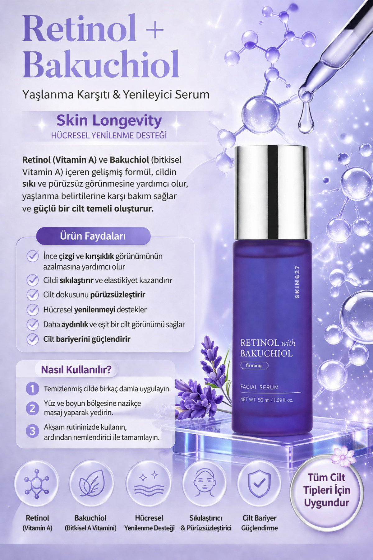 SKIN627 Retinol Bakuchiol Cilt Sıkılaştırıcı Kırışıklık Karşıtı Yenileyici Aydınlatıcı Yüz Serumu