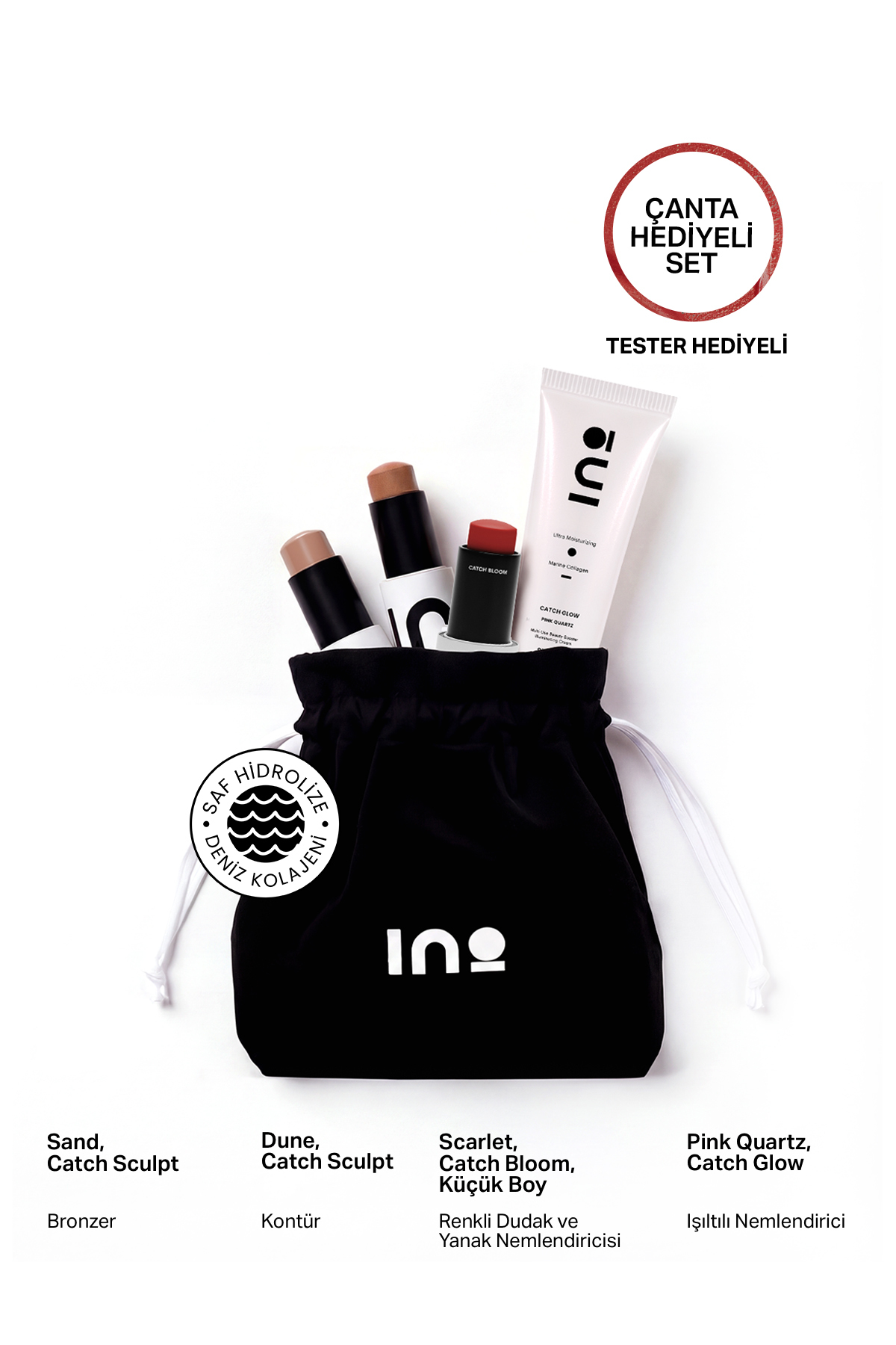 inobeauty Dune Contour + Sand Bronzer + Pink Quartz Nemlendirici + Scarlet Ruj & Allık 4,5Gr + Makyaj Çantası