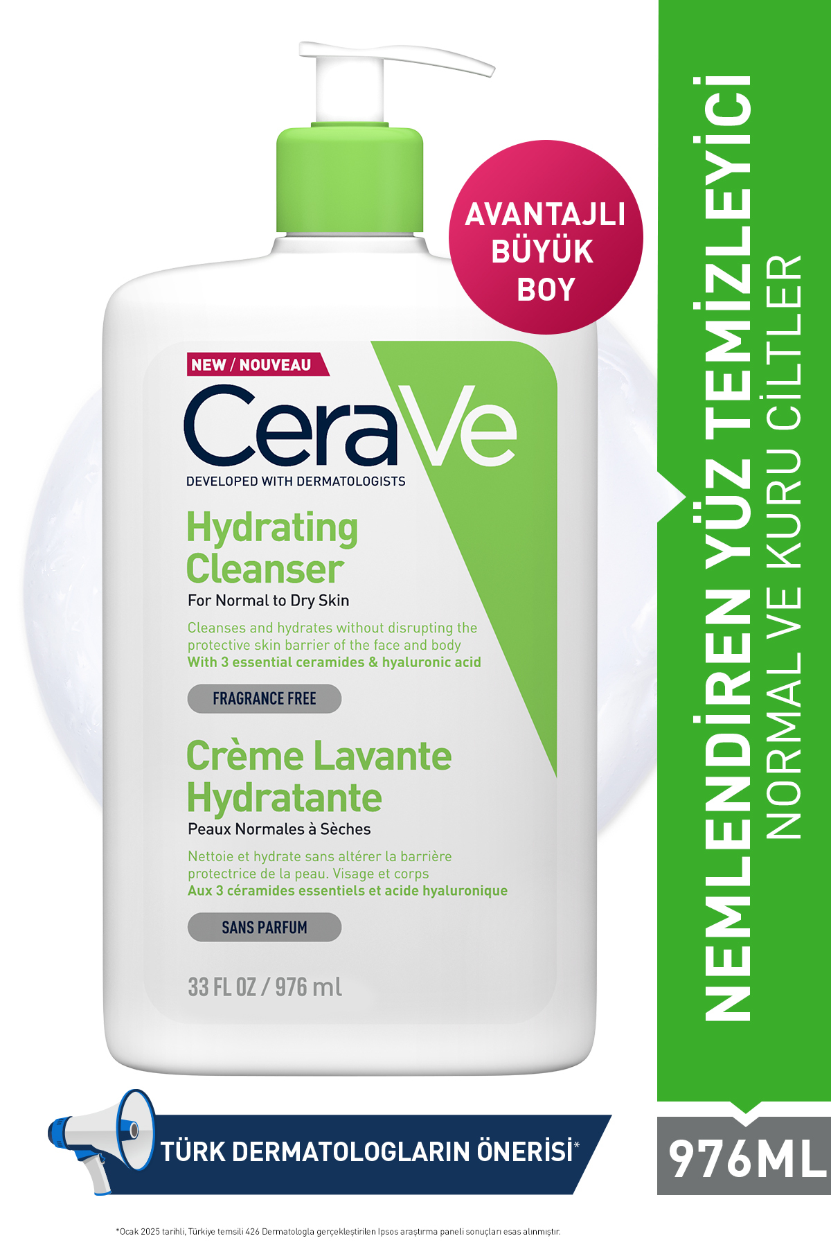 CeraVe Normal ve Kuruya Dönük Ciltler için Seramid & Hyalüronik Asit İçeren Nemlendiren Temizleyici 976 ML