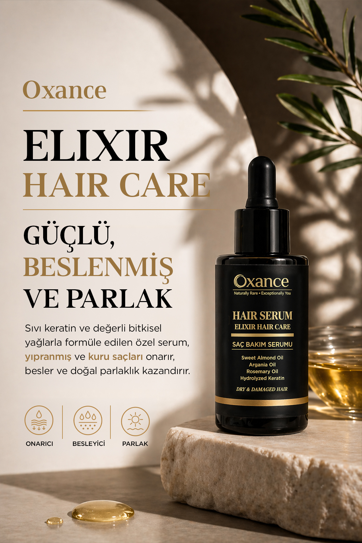 Oxance Elixir Hair Care Saç Bakım Serumu – Keratin & Argan Yağlı Onarıcı Saç Serumu 30 ml