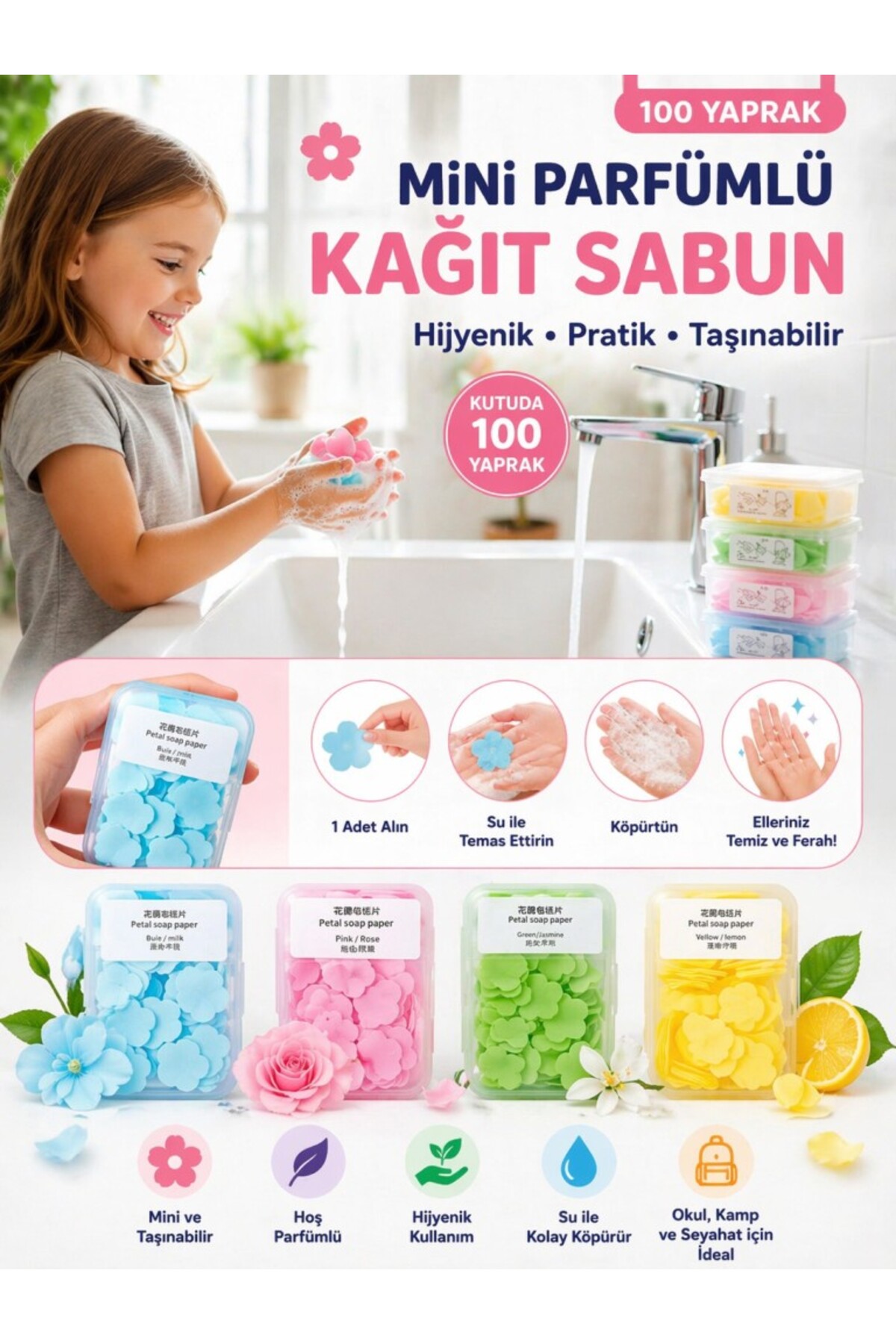 optana 1 Adet Mini Parfümlü Kağıt Sabun 100 Yaprak | Taşınabilir Tek Kullanımlık Hijyenik El Sabunu