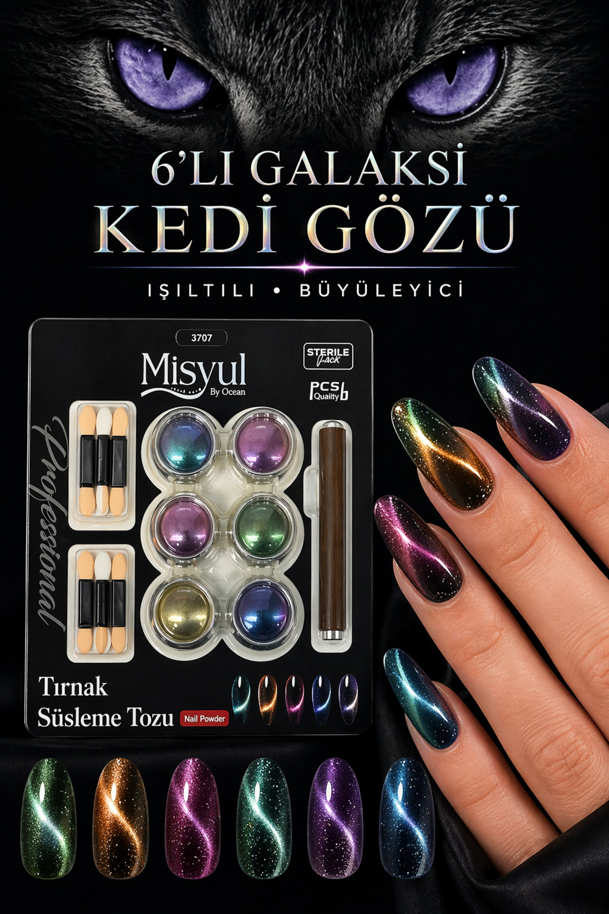 Misyul Galaksi Kedi Gözü Oje Etkili Toz Seti, Mıknatıs Hediyeli Manyetik Nail Art Tırnak Süsleme Tozu 6'lı