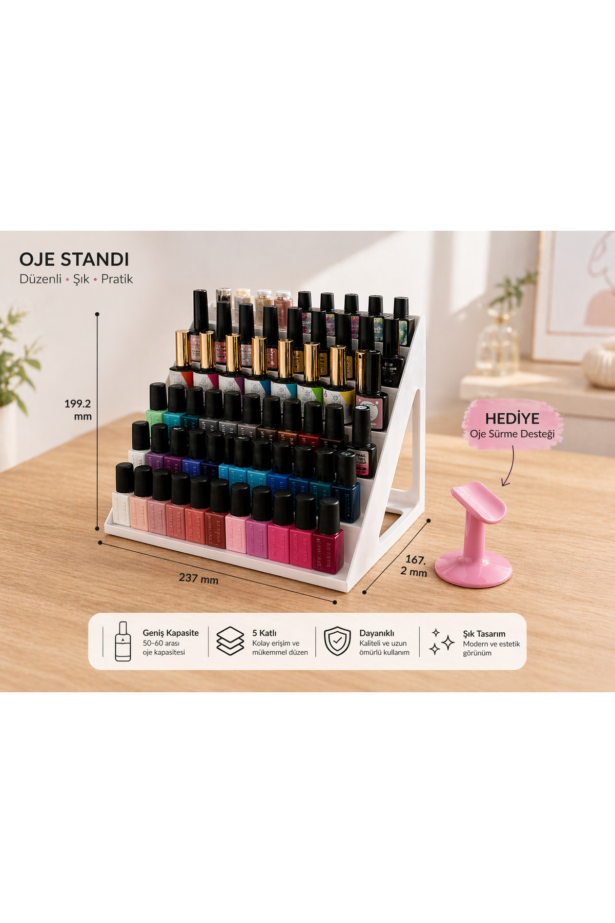 Pienar PJO-08 5 Katlı Oje Standı | Oje Organizer Raf | 50-60 Kapasiteli Masaüstü Düzenleyici