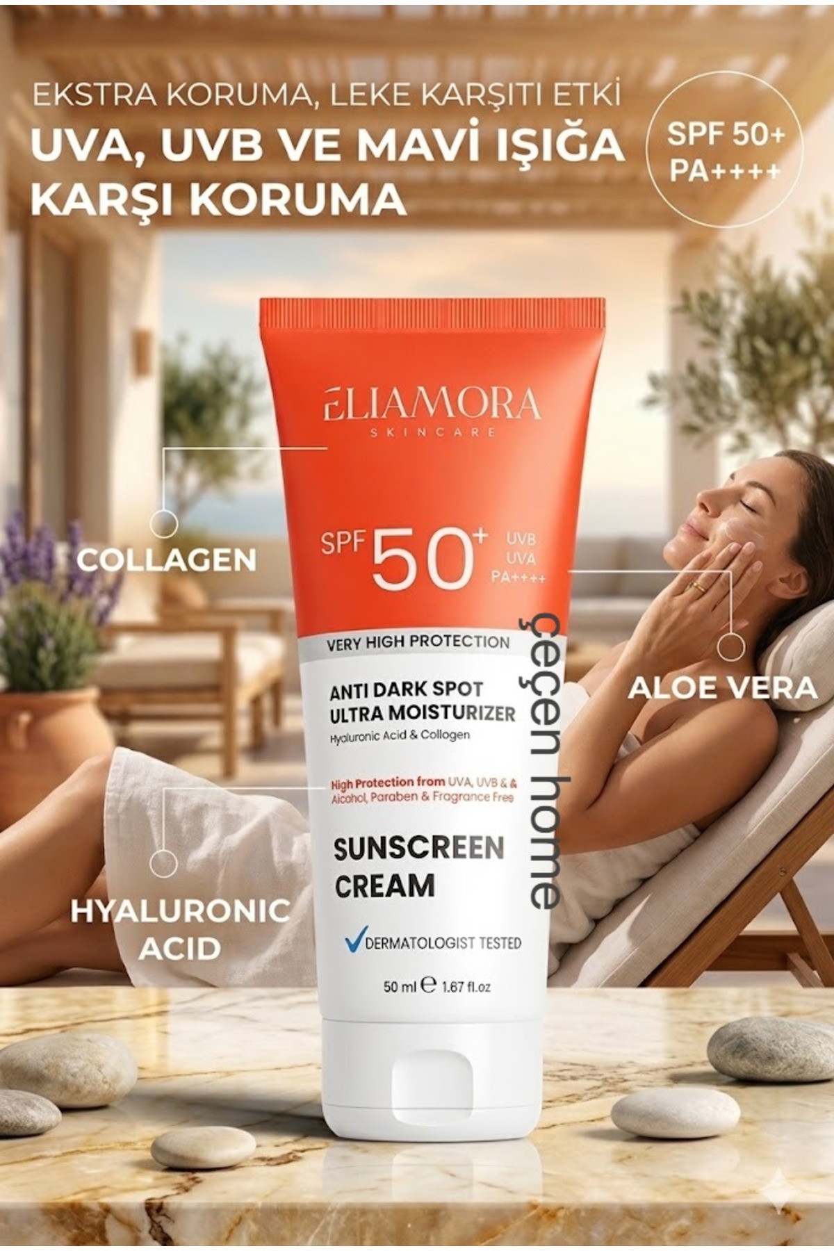 ÇEÇEN HOME (1 Adet) Yoğun Leke Karşıtı Yüz Güneş Kremi Tüm Cilt Tipleri İçin UVA Korumalı SPF+50 Faktör Güneş Kremi Yüksek Korumalı Güneş Kremi 50ml