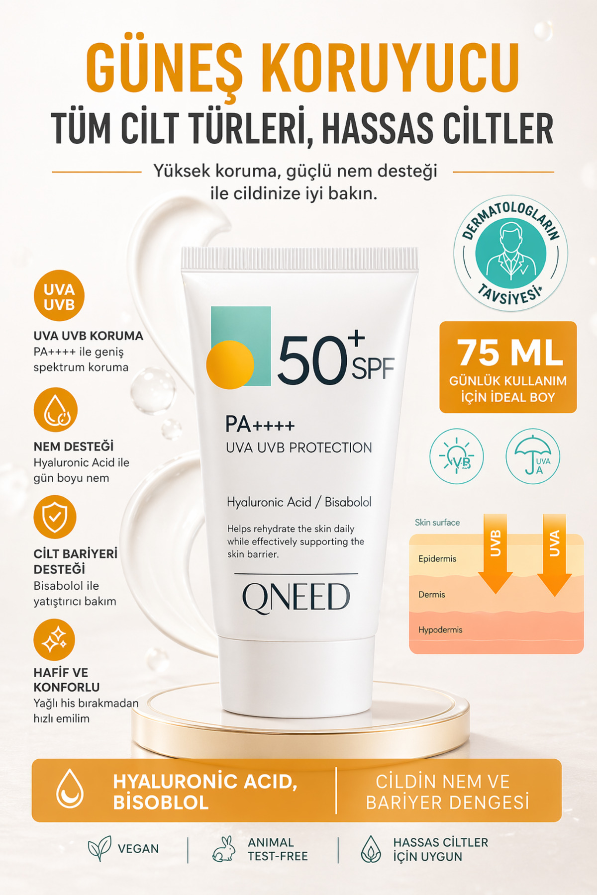 QNEED GÜNEŞ KORUYUCU 50+SPF,Leke Karşıtı, Yüksek Korumalı, (Hyaluronic acid ve bisobolol içerir.)