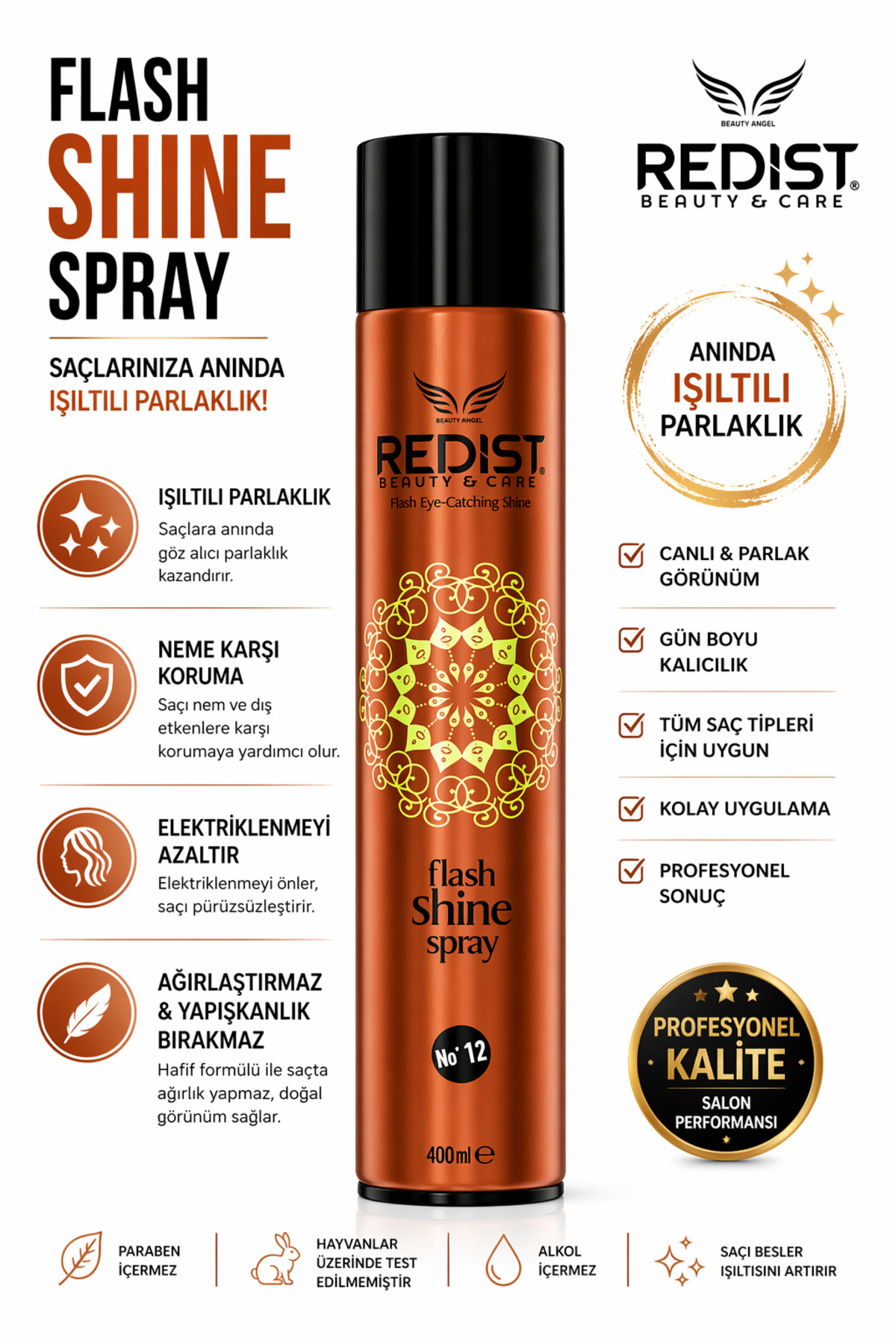 Redist Parlatıcı Sprey Flash Shine 400 ml Parlak Görünüm Saçlar - Vegan