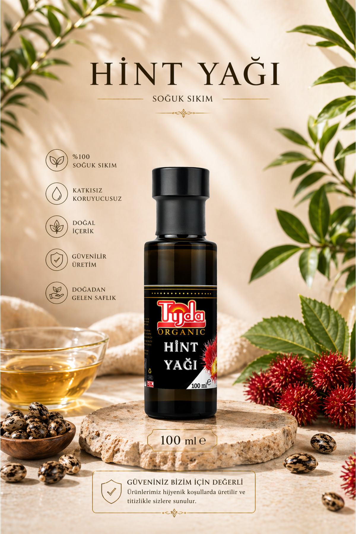 Tijda Organic Hint Yağı 100 ml Analiz raporlu %100 Saf Soğuk Sıkım Castor Oil | Saç, Kaş & Cilt,Vücut Bakımı
