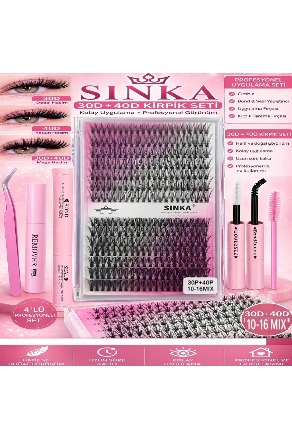SİNKA Takma Kirpik Seti 280'li Yapıştırıcı Sabitleyici Çıkarıcı Remover + Takma Kirpik Cımbızı+Tarama Fırçası 30D-40D