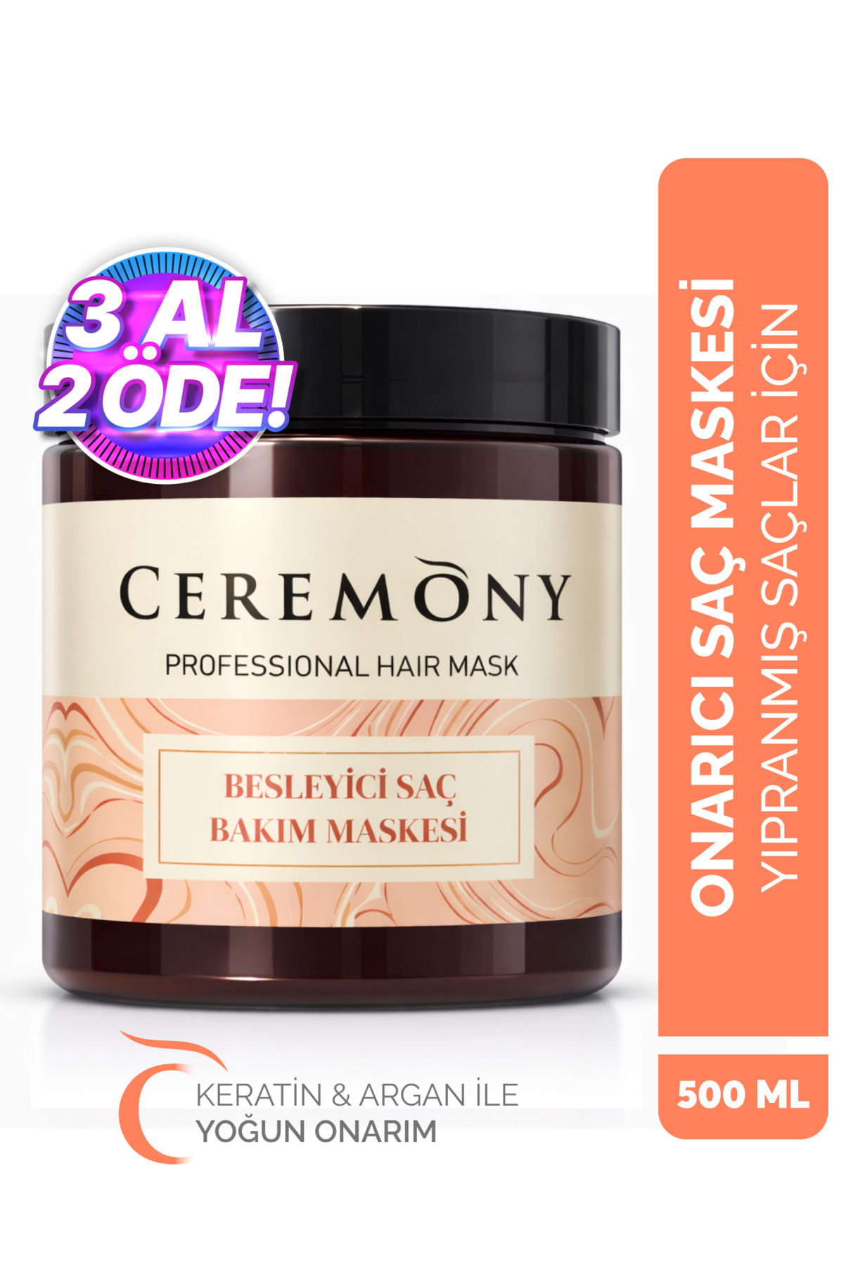 Ceremony Saç Maskesi 500 ml | Yıpranmış Saçlara Onarıcı Keratin & Argan Bakım