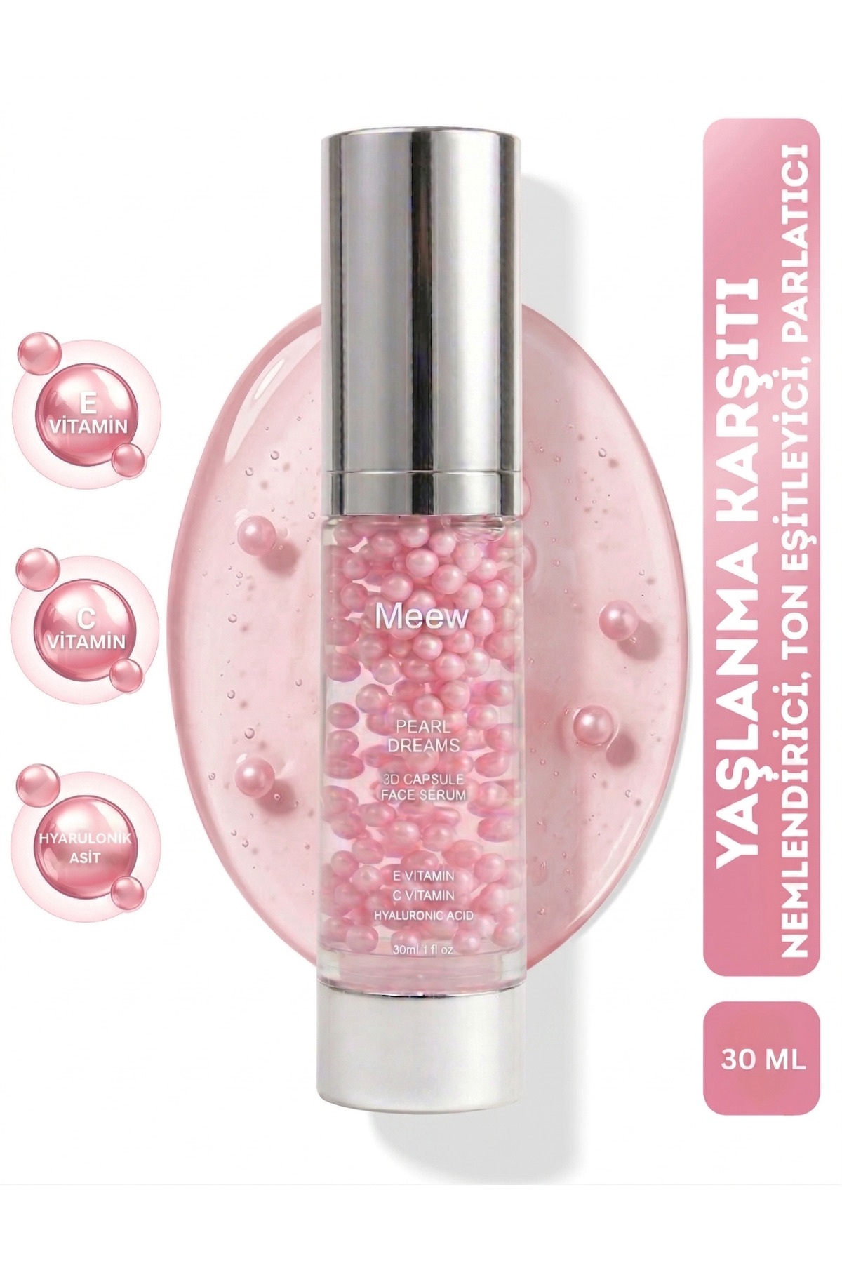 MEEW Pearl Dreams Yüz Serumu 3D Kapsül Topçuklu Serum E Vitamini C Vitamini Hyaluronik Asit