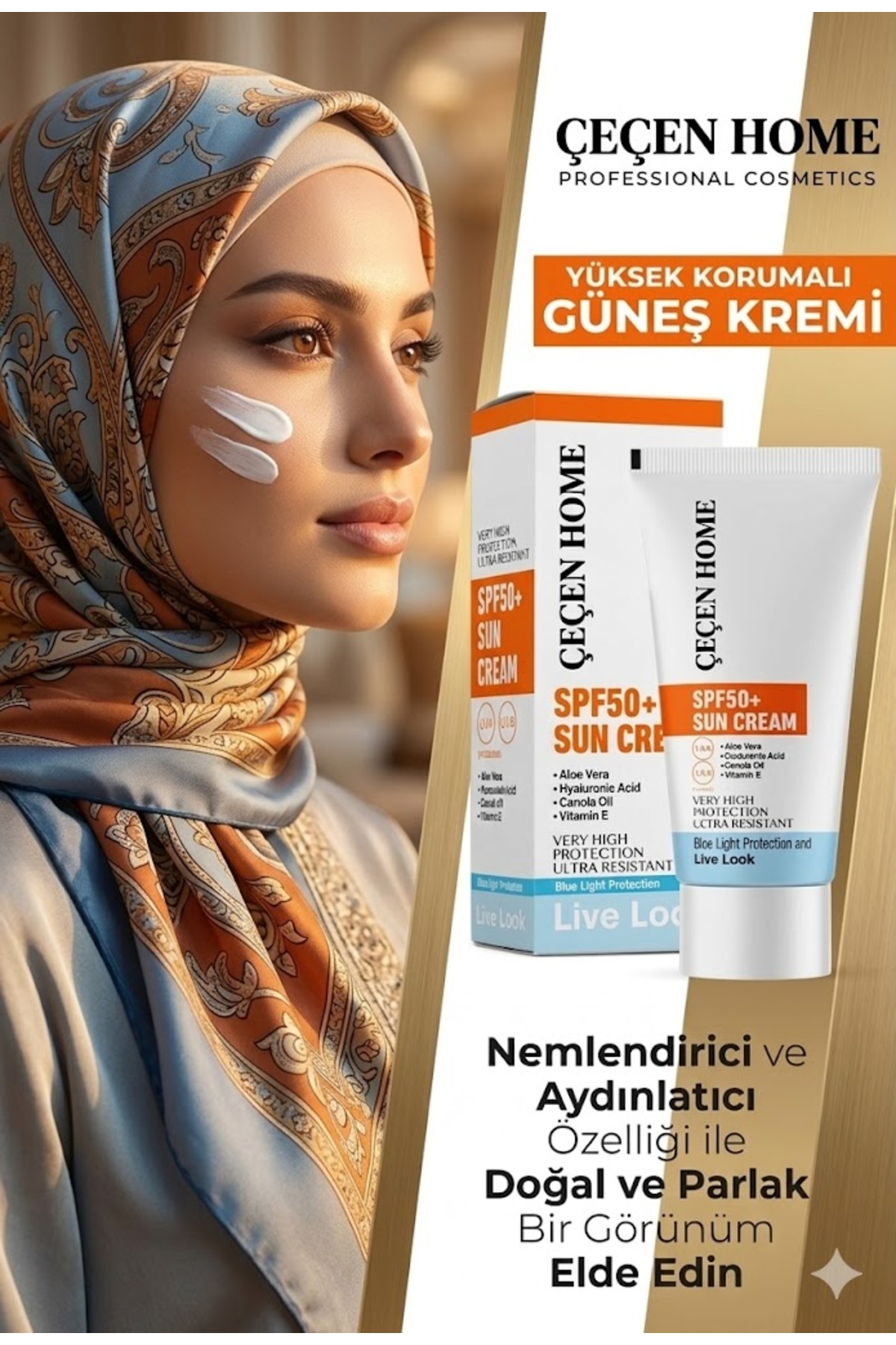ÇEÇEN HOME (1 Adet) Yüksek Korumalı Güneş Kremi, Nemlendirici Ve Aydınlatıcı Güneş Kremi Tüm Cilt Tipleri İçin SPF+50 Faktör Güneş Kremi Aloe Vera İçeriği İle Doğal Ve Parlak Görünüm Elde Edin 50ml