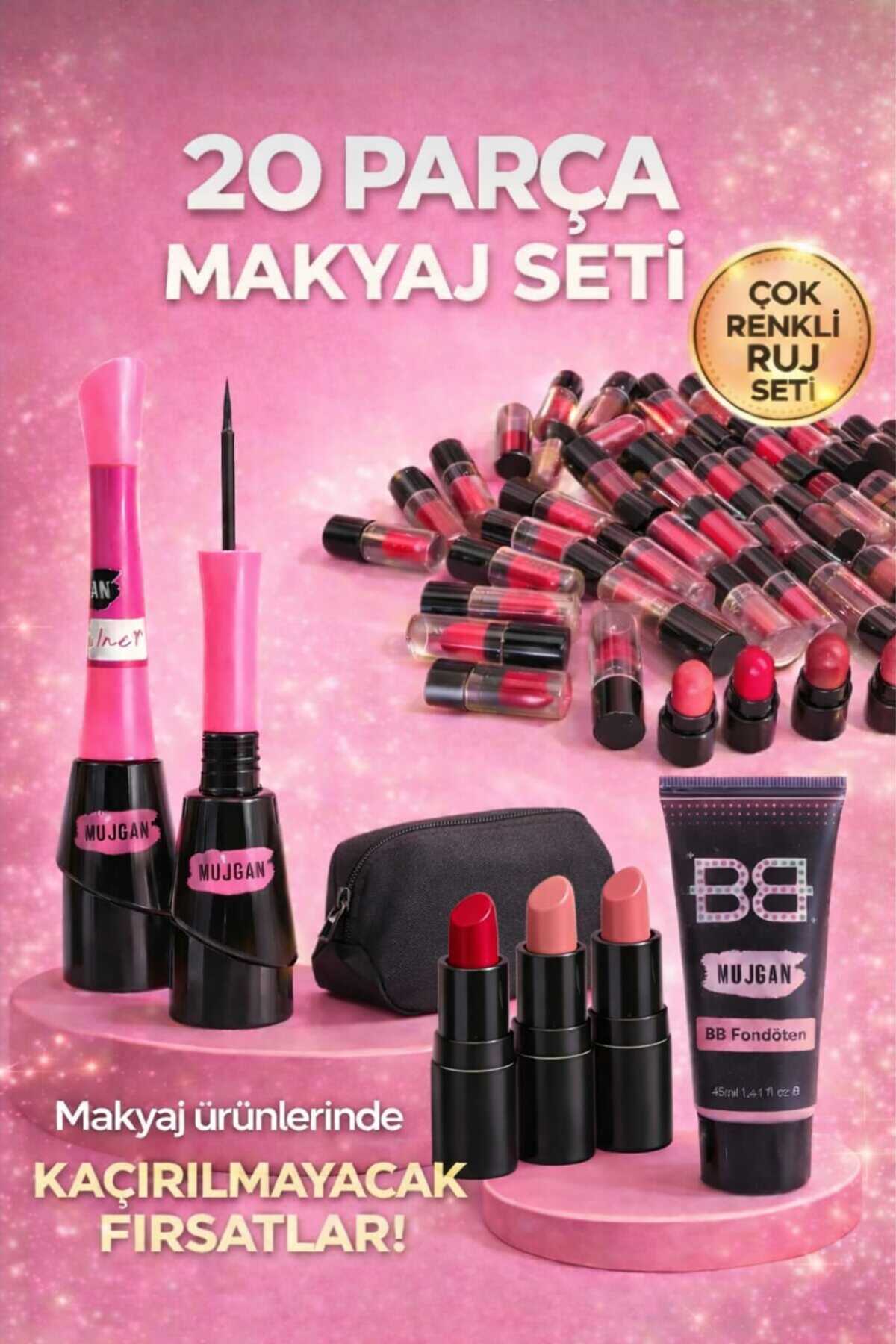 RUMİLY 20 Parça Makyaj Seti – Mini Ruj Seti, BB Fondöten, Eyeliner ve Makyaj Çantası