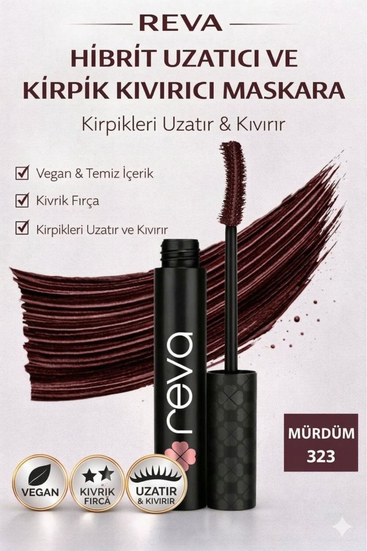 REVA Uzatan Hibrit Maskara Mürdüm - Hybrid Length & Curl Mascara Prune - No: 323 - Vegan Temiz Içerik