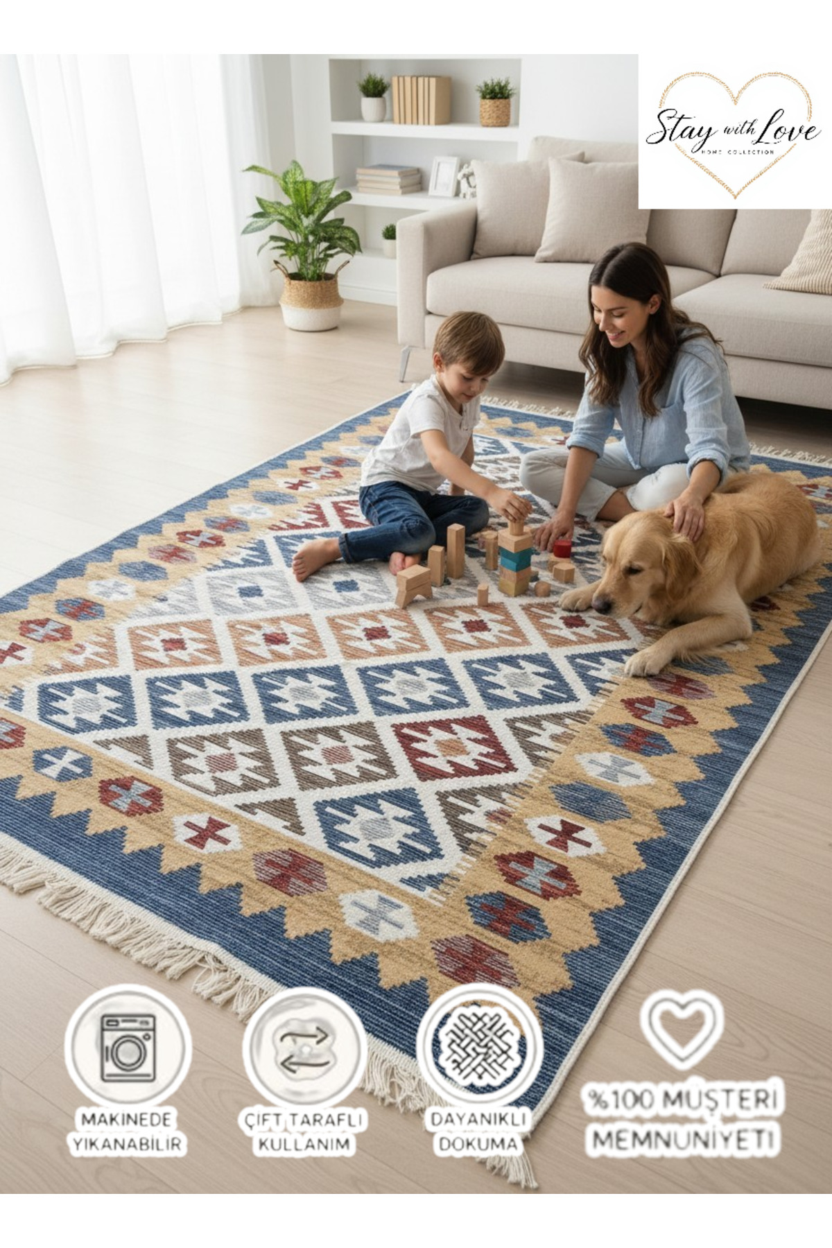 stay with love Kilim Çok Renkli Etnik Desenli Çift Taraflı Yıkanabilir Dokuma Kilim , Mutfak Kilimi ,Halı, Anneler Günü Hediyesi
