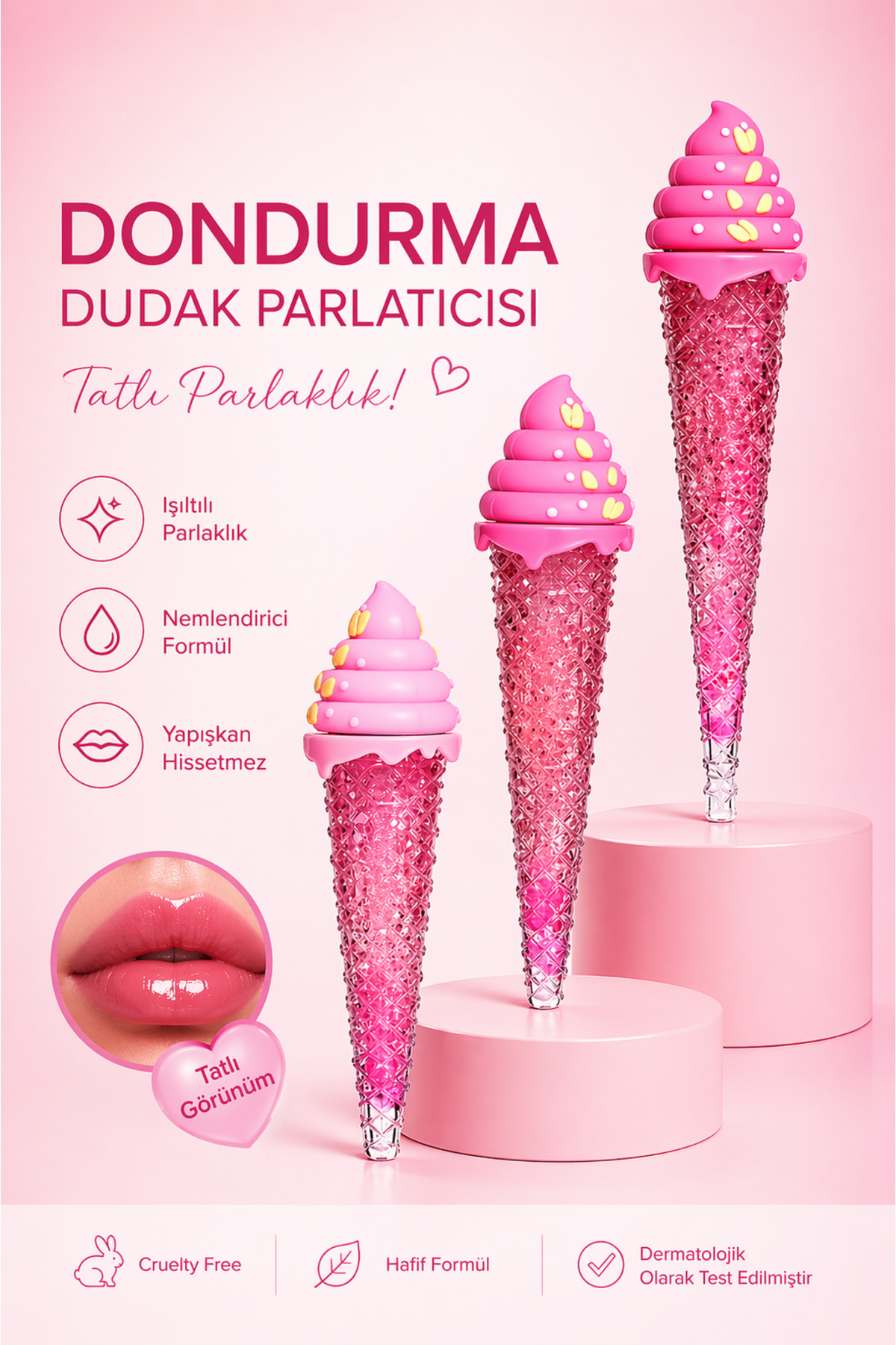 MAQYA KOZMETİK Dondurma Model 2si1 Arada Sihirli Dudak Nemlendiri Dudak Parlatıcı (PEMBE RENK VERİR)Lipgloss&Lipoil