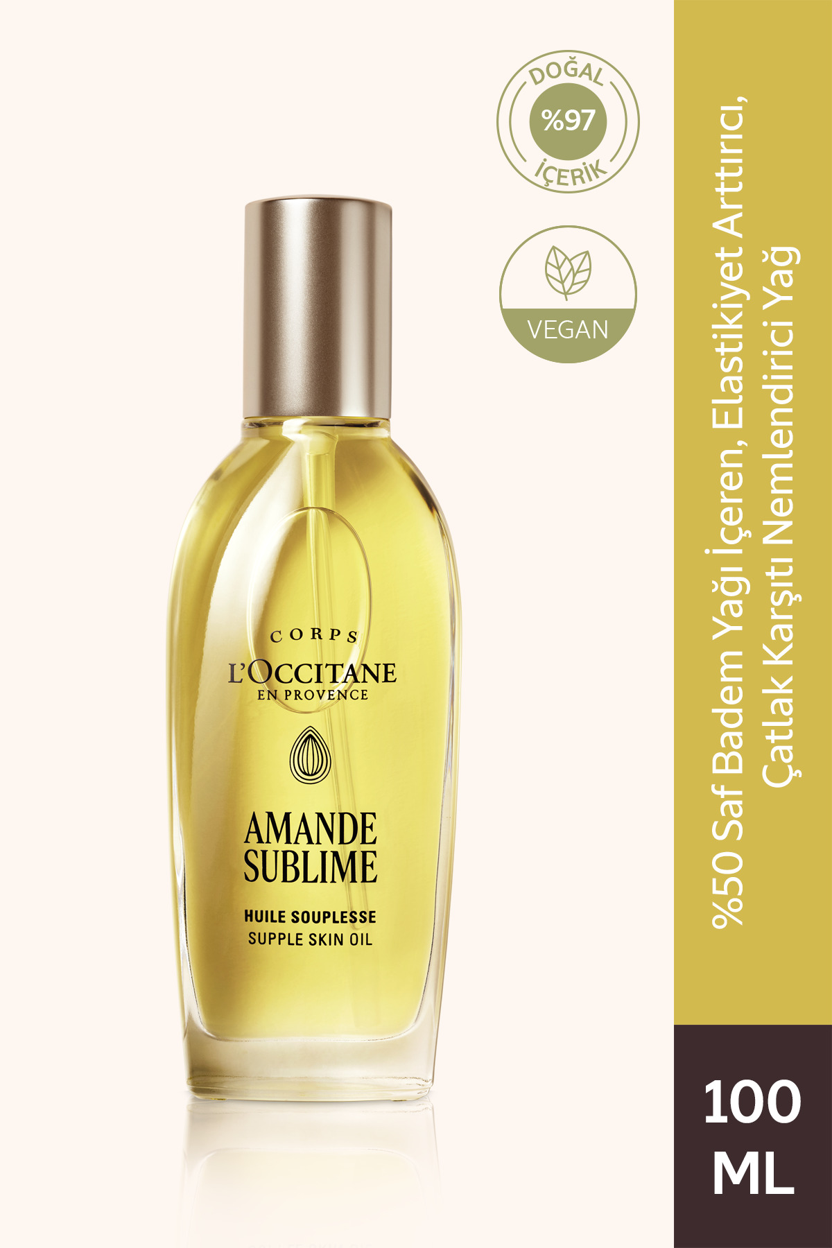 L'Occitane Badem Vücut Bakım Yağı, %50 Tatlı Badem Yağı İçeren Besleyici ve Nemlendirici, Omega 6 ve 9, 100 ml