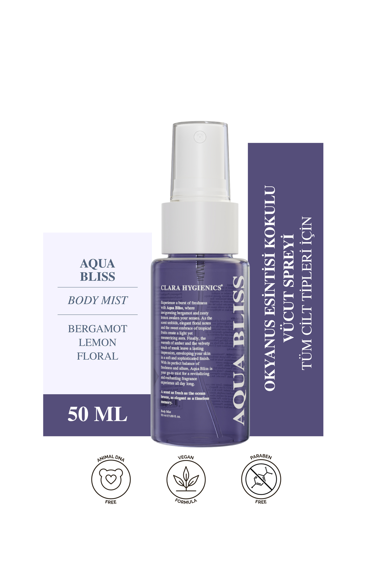 Clara Hygienics Aqua Bliss Kadın Vücut Spreyi 50ml - Bergamot, Limon ve Çiçeksi Kokulu Vegan Body Mist