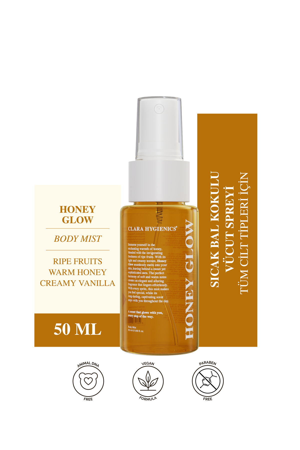 Clara Hygienics Honey Glow Kadın Vücut Spreyi 50ml - Sıcak Bal, Meyvemsi ve Karamel Kokulu Vegan Body Mist
