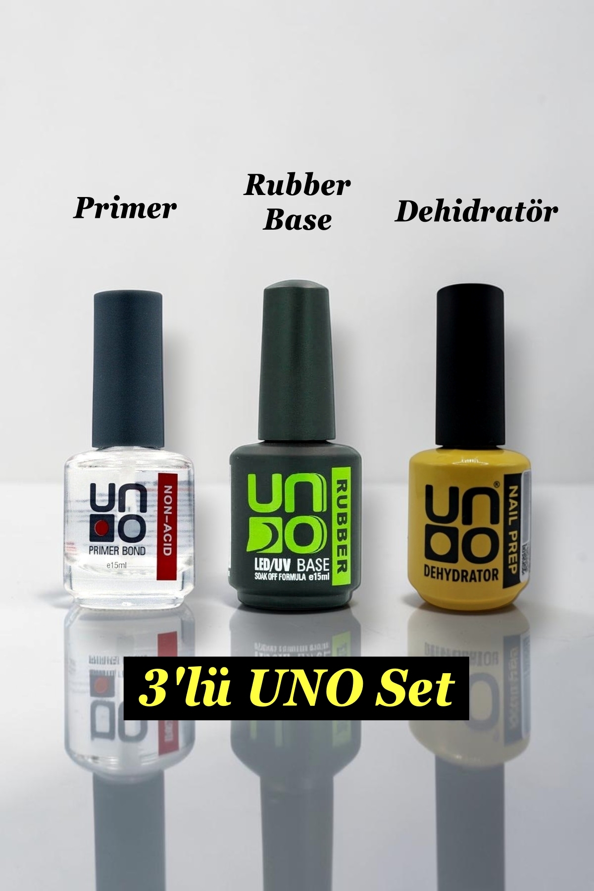 Easy Beauty UNO 3'lü Set Protez Tırnak Hazırlık Seti Primer Dehidratör Rubber Base UNO Nail Prep