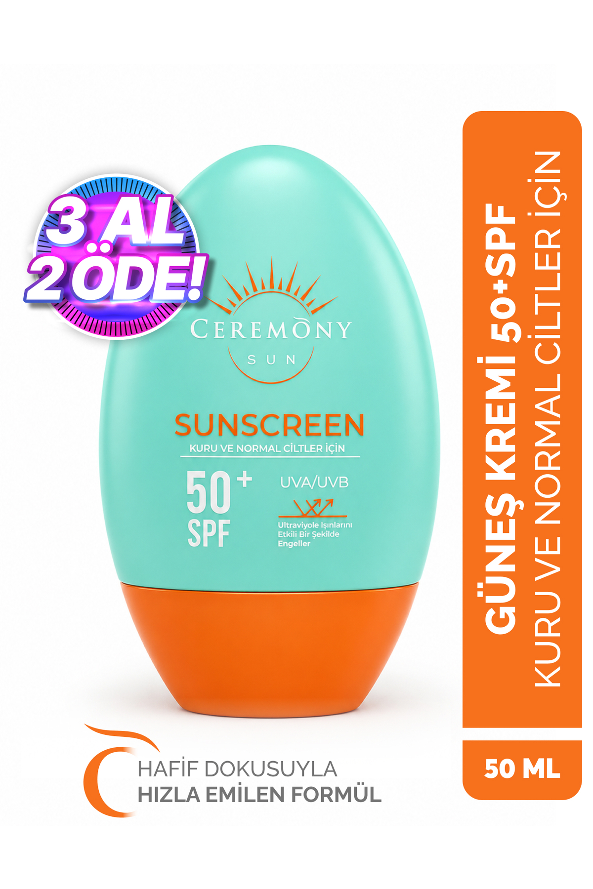 Ceremony UVA-UVB Yüksek Koruma Doğal Görünümlü Hızlı Emilen 50+SPF Güneş Kremi Kuru ve Normal Ciltle
