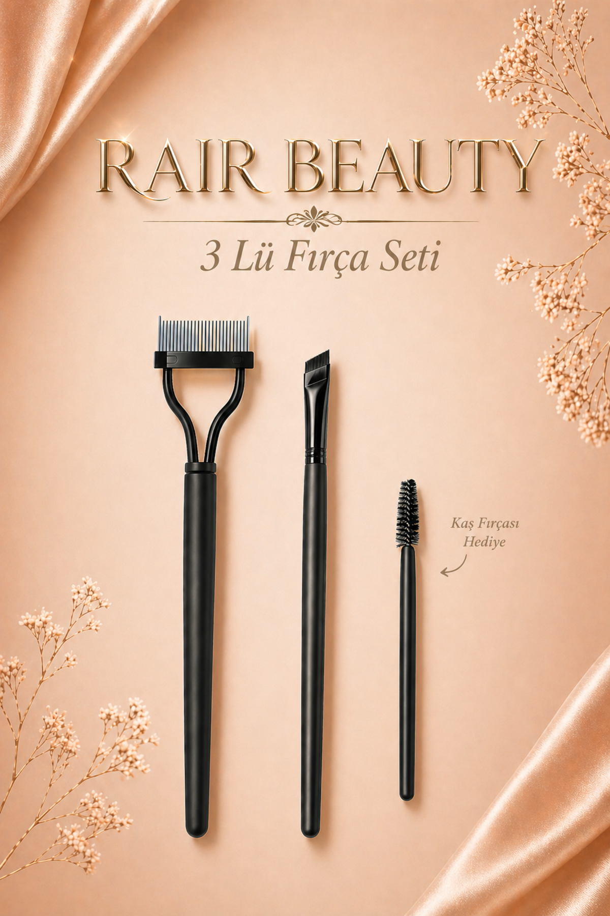 RAİR BEAUTY 3'lü Makyaj Fırça Seti Kirpik Ayırıcı Aparat, Eyeliner Çekme Fırçası ve Kaş Kirpik Tarama Fırçası (HEDİYE)