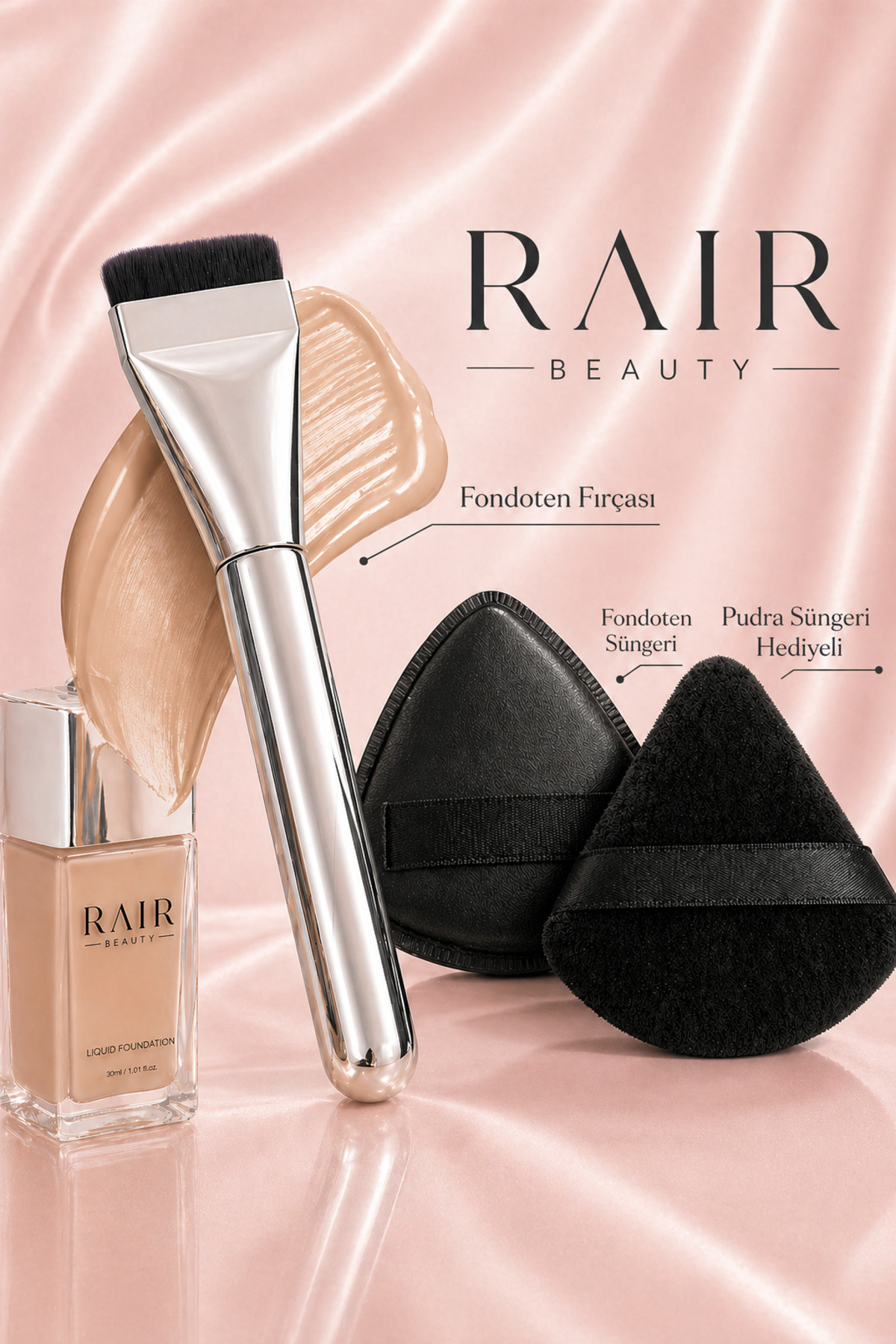 RAİR BEAUTY Fondoten Fırçası ,Fondoten Süngeri ve Pudra Süngeri (HEDİYE) Cilt Makyajı için 3'lü Fırça Seti