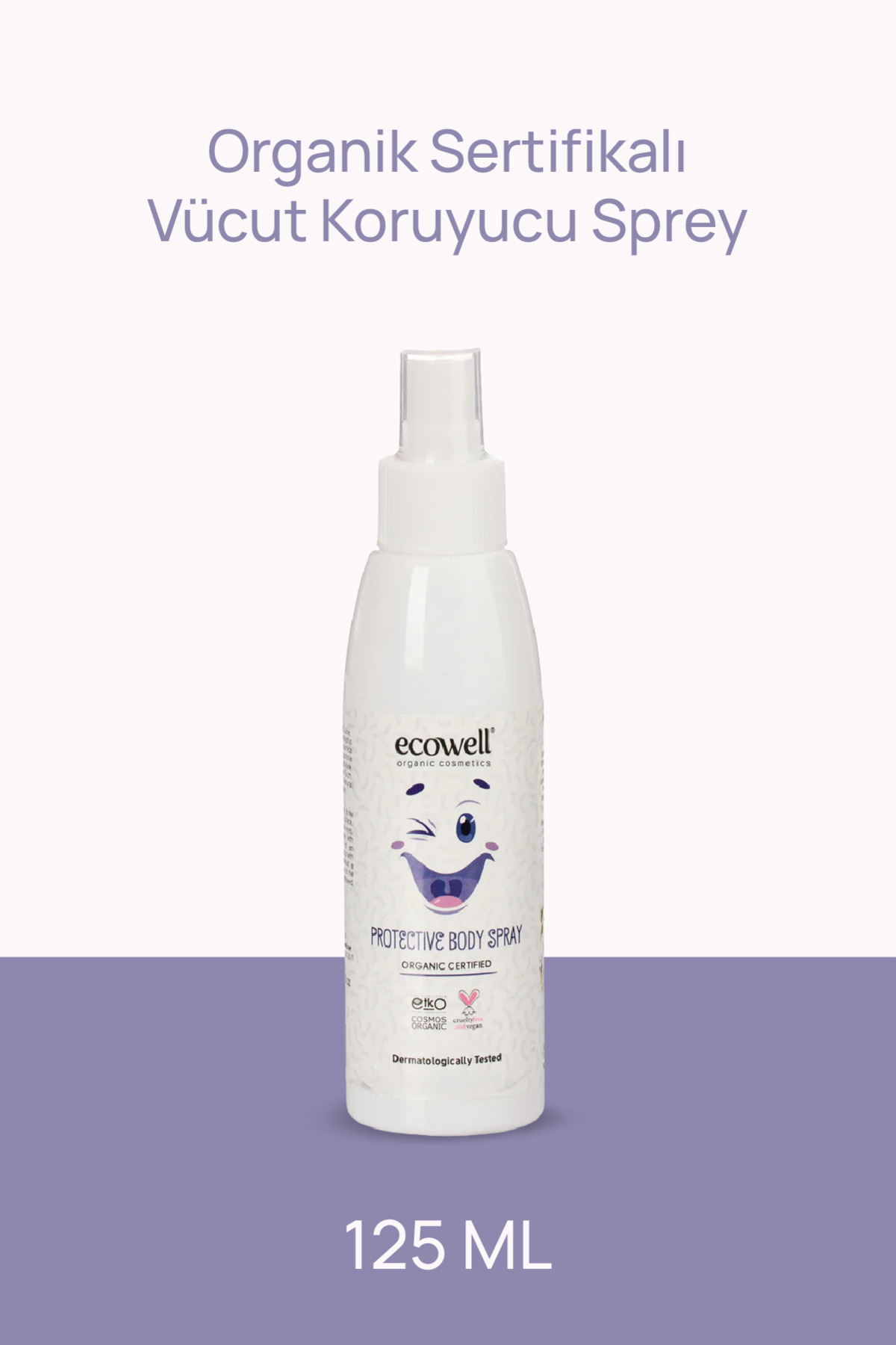 Ecowell Organik Bebek Koruyucu Sprey, Vegan, Yüz & Vücut, Lavanta, Limon, Okaliptus Yağı 125ml