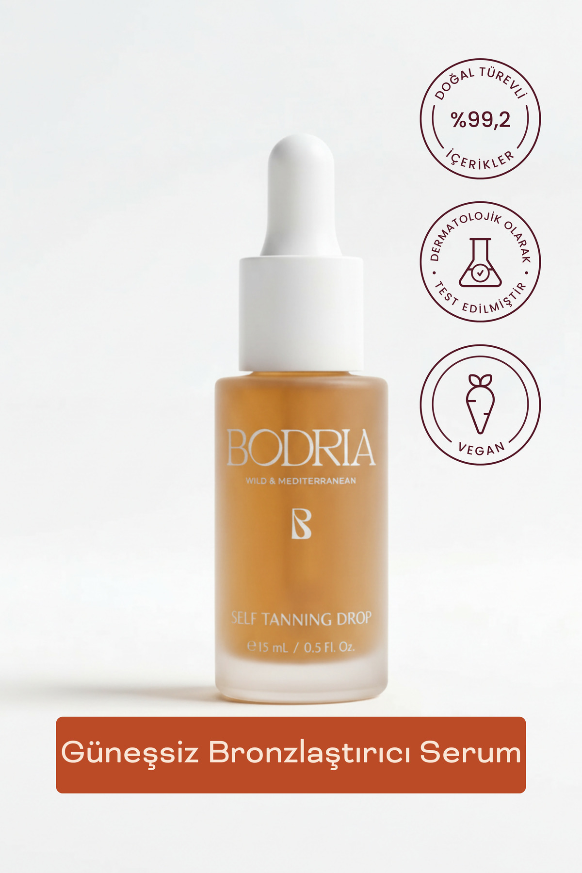 Bodria Güneşsiz Bronzlaştırıcı Serum Damla – %99,2 Doğal Kaynaklı, Dermatolojik Olarak Test Edilmiş Formül