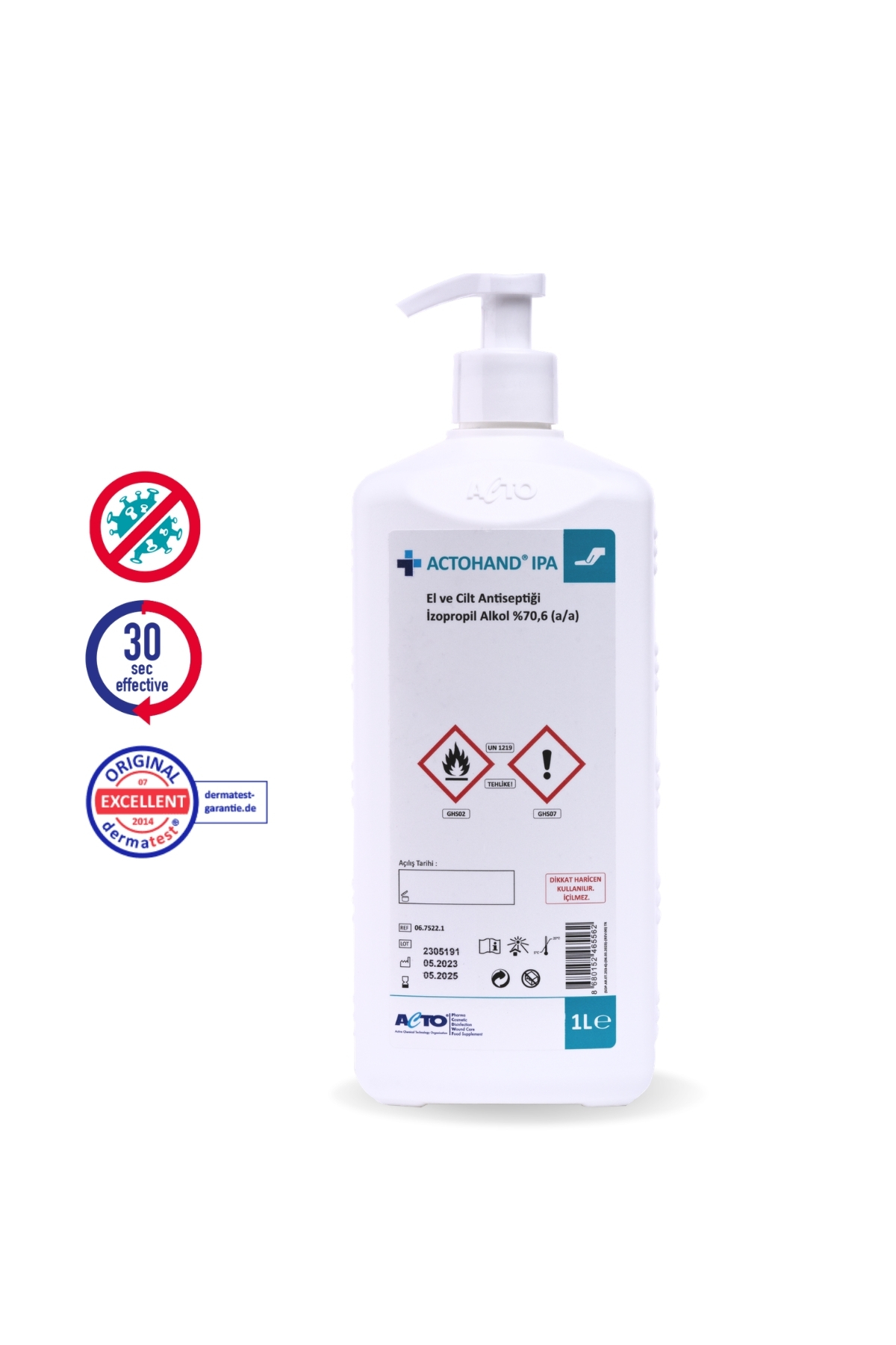Actodermanol ACTOHAND® IPA 1 Litre | El ve Cilt Antiseptiği - İzopropil Alkol 75 % (v/v) = (70,6 g)
