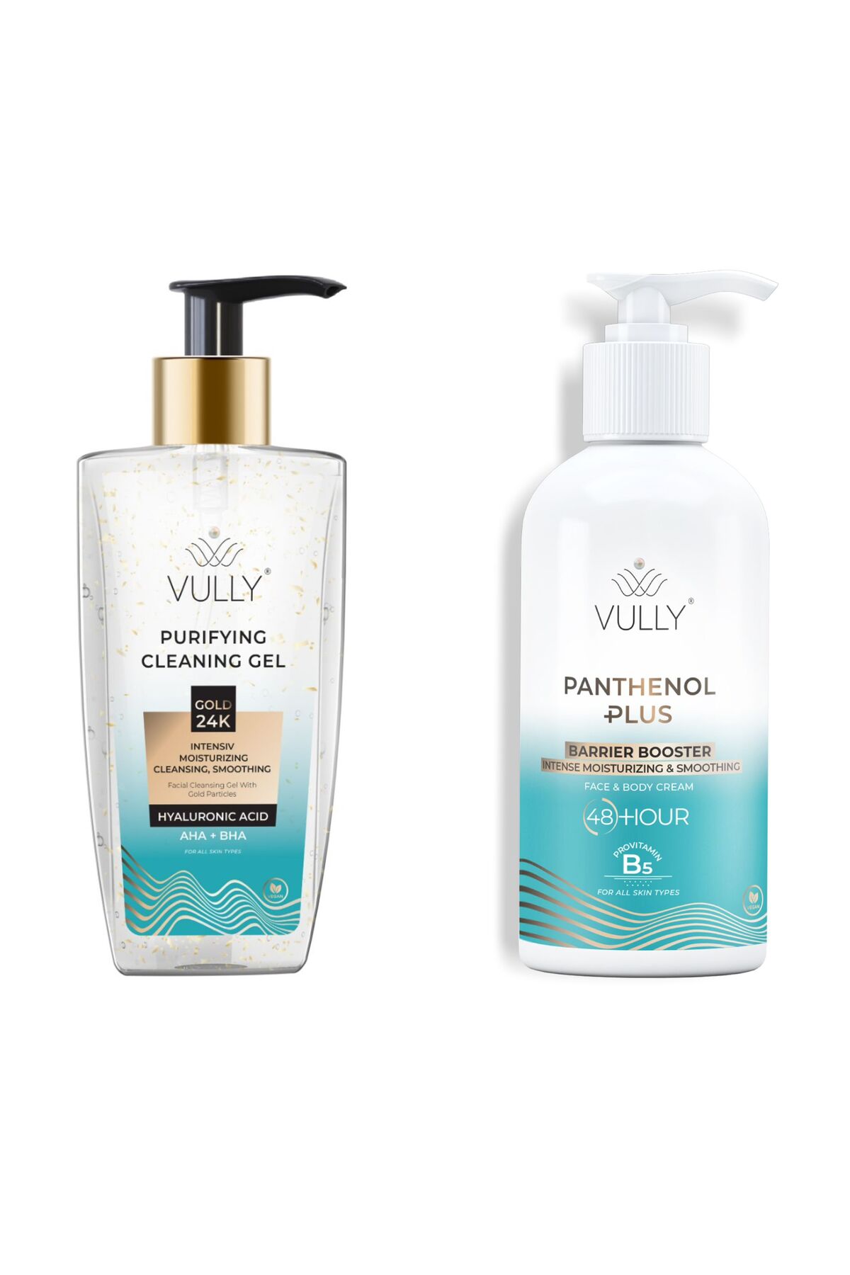 VULLY 24k Altın Parçacıklı Yüz Temizleme Jeli + Panthenol Plus 48 Saate Kadar Yoğun Nemlendirici ve Onarıcı Yüz & Vücut Kremi 250 ml