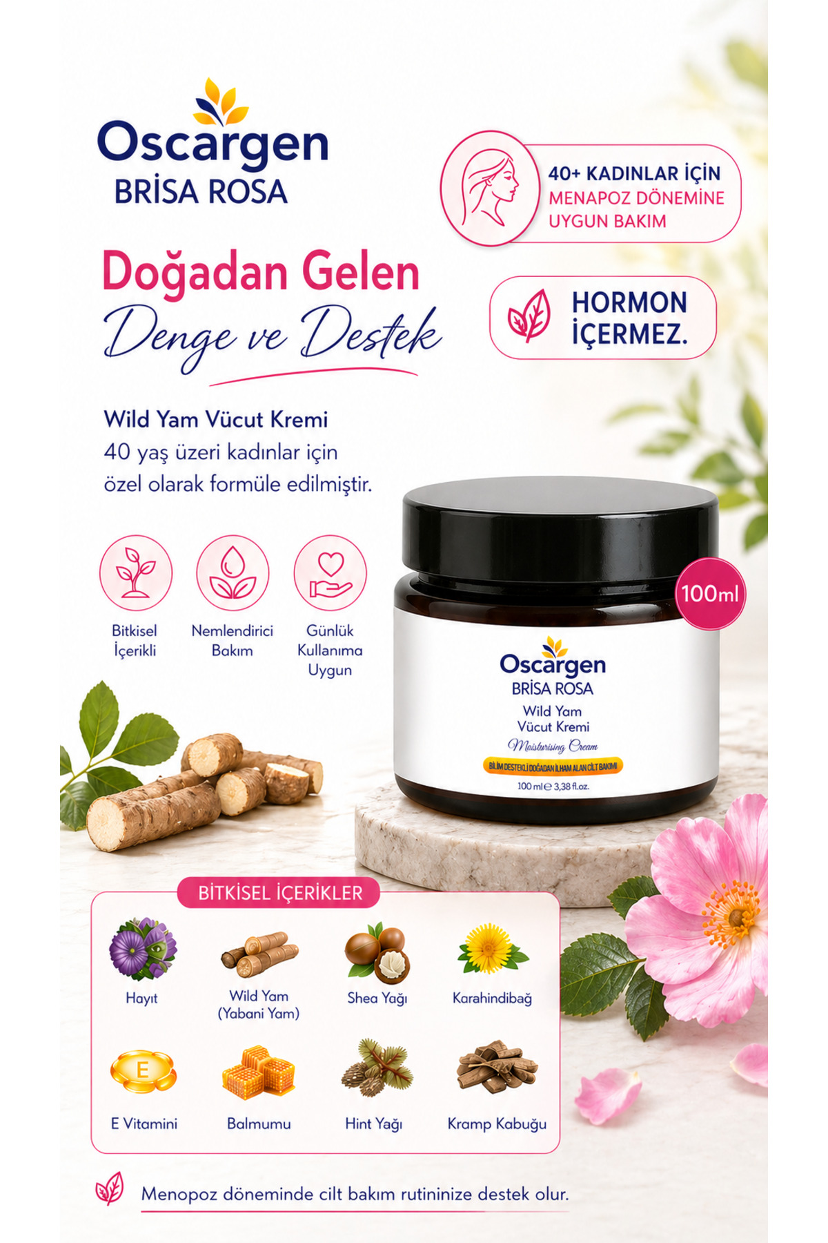 Brisa Rosa Menopoz Dönemi Hayıt Ekstresi, Wild Yam, Kırmızı Yonca Bitkisel Vücut Kremi 100 ML Östrojen İÇERMEZ