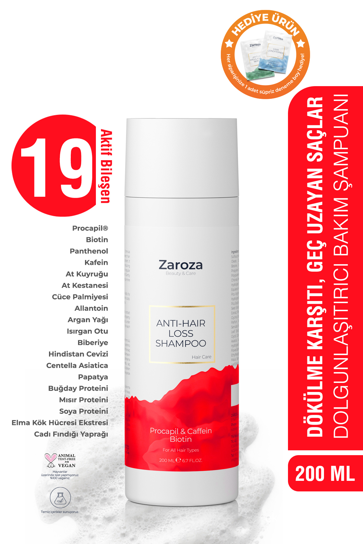 ZAROZA Saç Dökülme Karşıtı Hızlı Uzamaya Yardımcı Güçlendirici Procapil Biotin Şampuan 200ml Erkek Kadın
