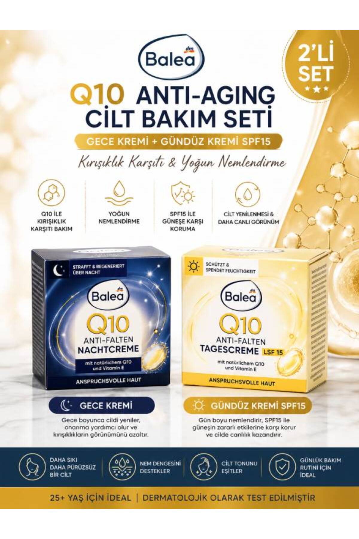 BALEA Q10 Anti-Aging Cilt Bakım Seti | Gece Kremi + Gündüz Kremi SPF15 | Kırışıklık Karşıtı Nemlendirici Set