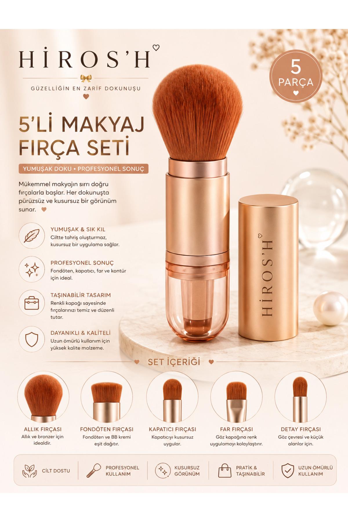 HİROS'H Profesyonel 4in1 Taşınabilir Mini Makyaj Fırça Seti