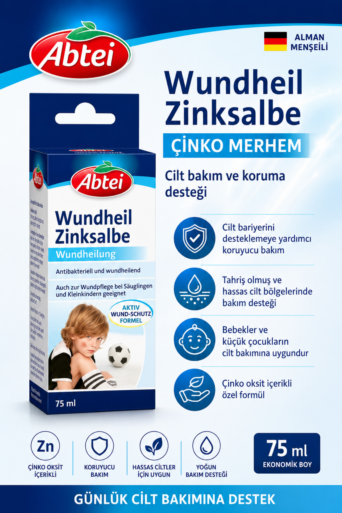 Abtei Wundheil Zinksalbe Çinko Merhem 75 Ml Yara Cilt Onarıcı Bakım Kremi Hassas Ciltler İçin