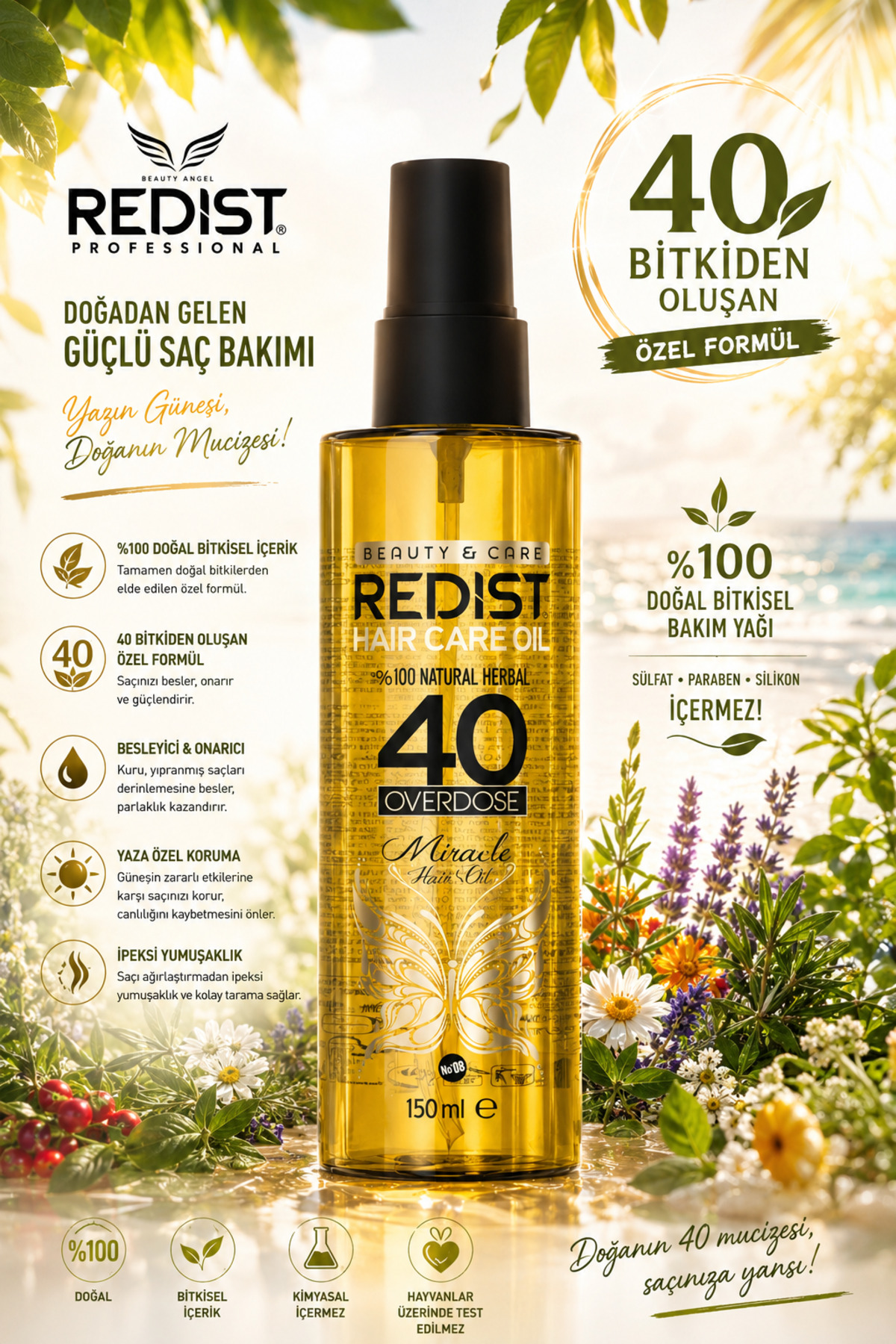 Redist %100 Doğal - Vegan 40 Bitkili Saç Bakım Yağı –Yıpranmış Cansız Saçlara Özel 150 ml