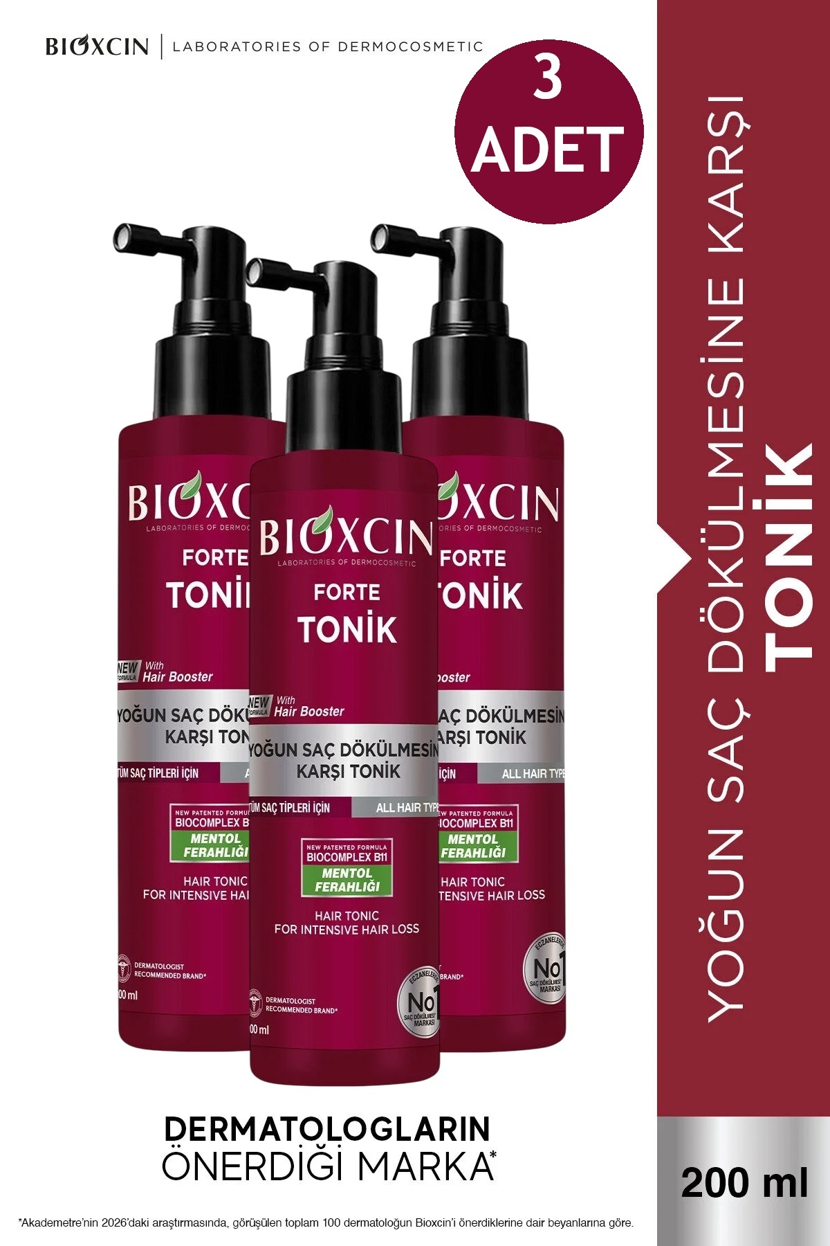 Bioxcin Forte Tonik 200 ml 3 ADET - Mentol Ferahlığı - Yoğun Saç Dökülmesine Karşı Tonik
